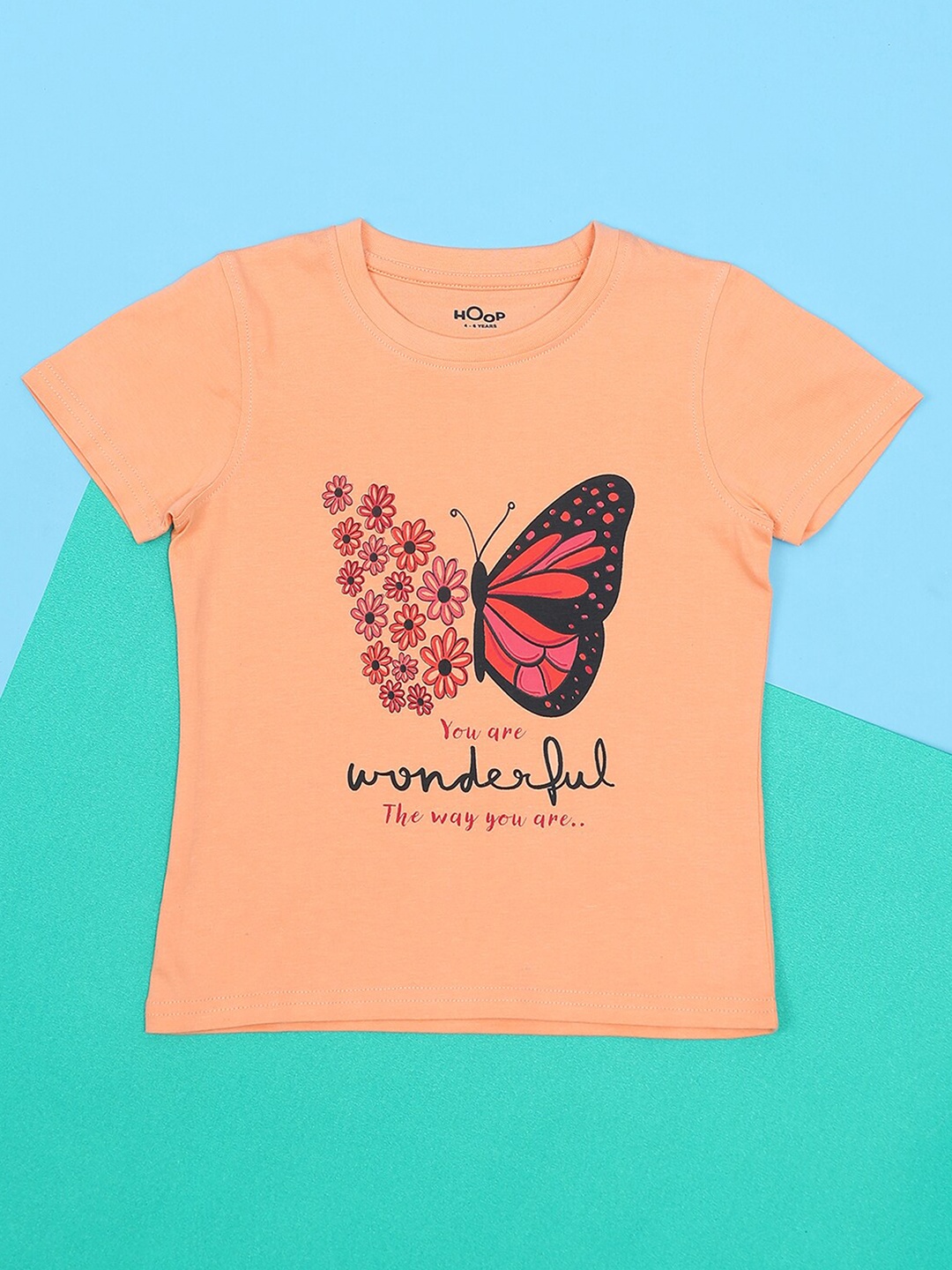 

Hoop GirlsRound Neck Graphic Printed Round Neck Cotton T-shirt, Peach