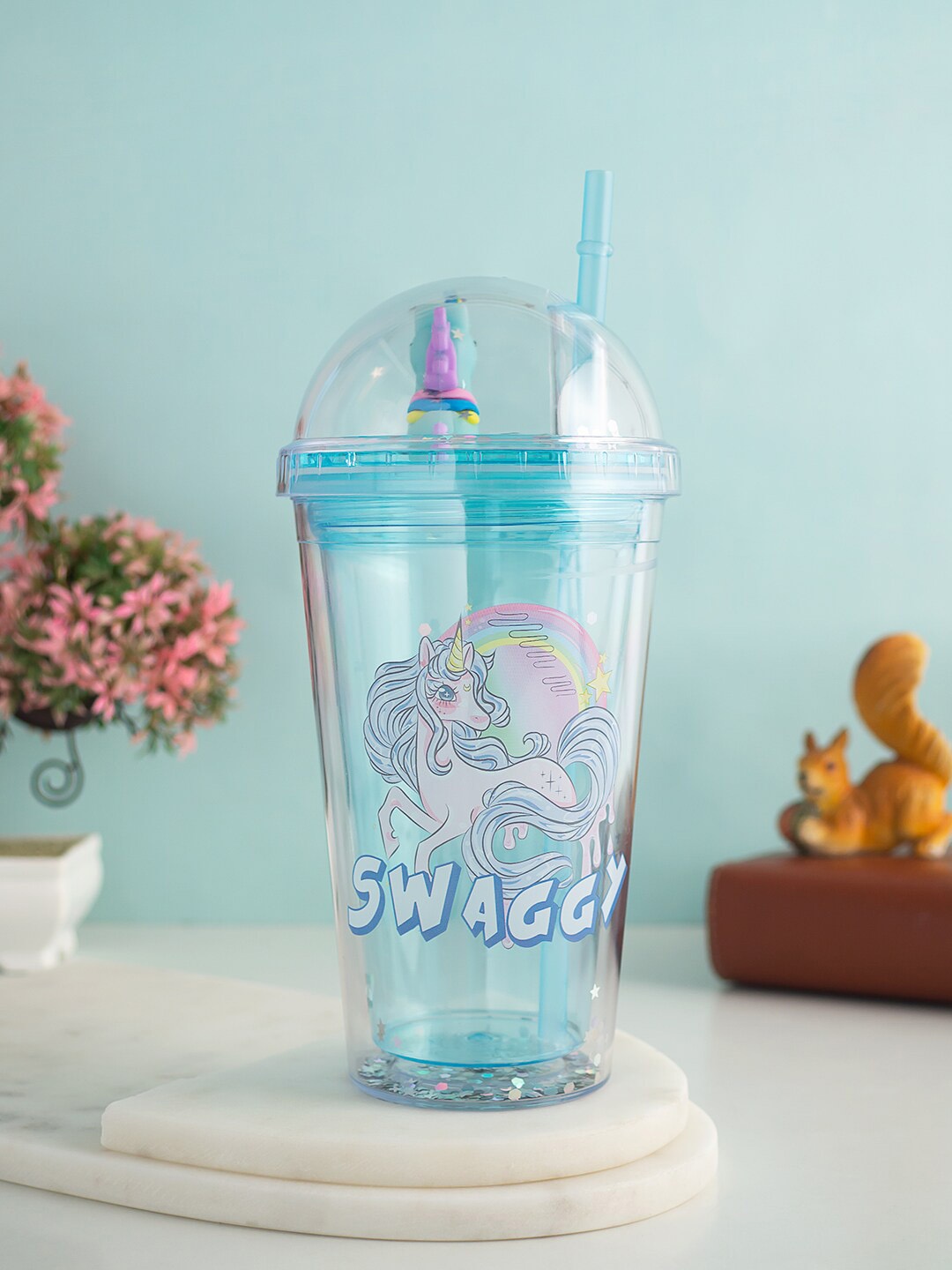 

Golden Peacock Blue Printed Unicorn Sipper Bottle With Straw - 550 ml