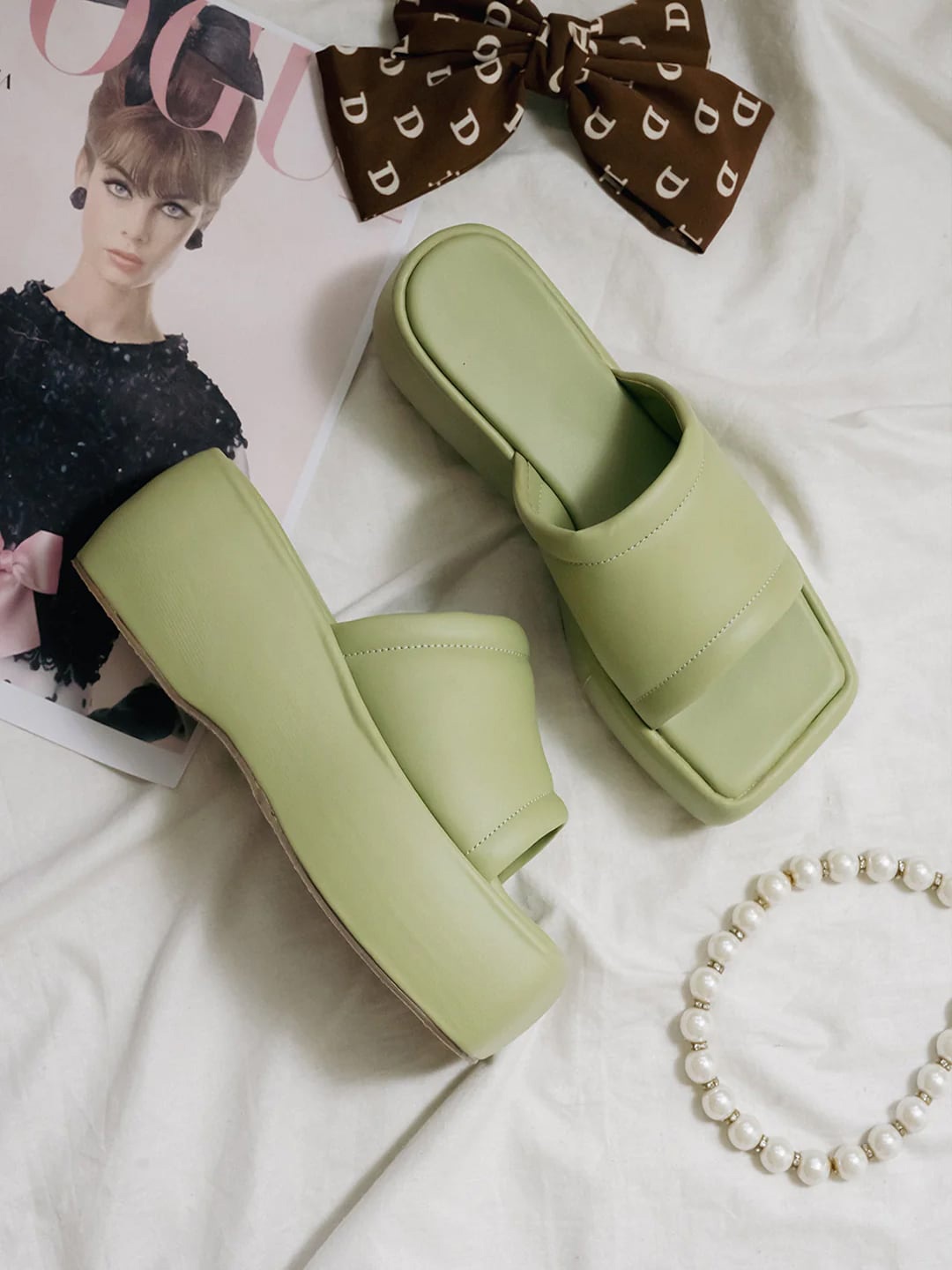 

HASTEN Open Back Flatform Heels, Green