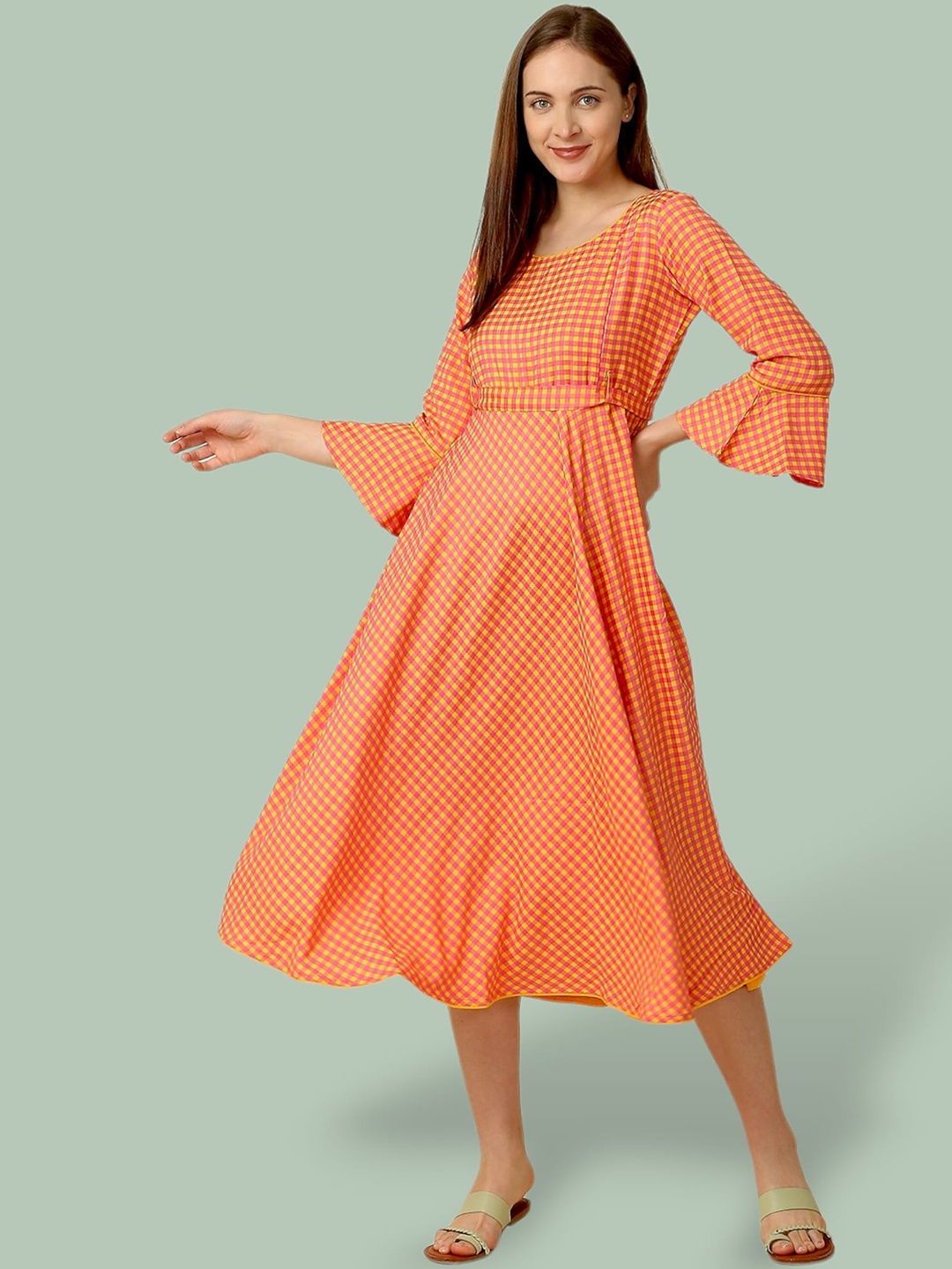 

True Shape Checked Fit and Flare Pleated Maternity Dresses, Orange