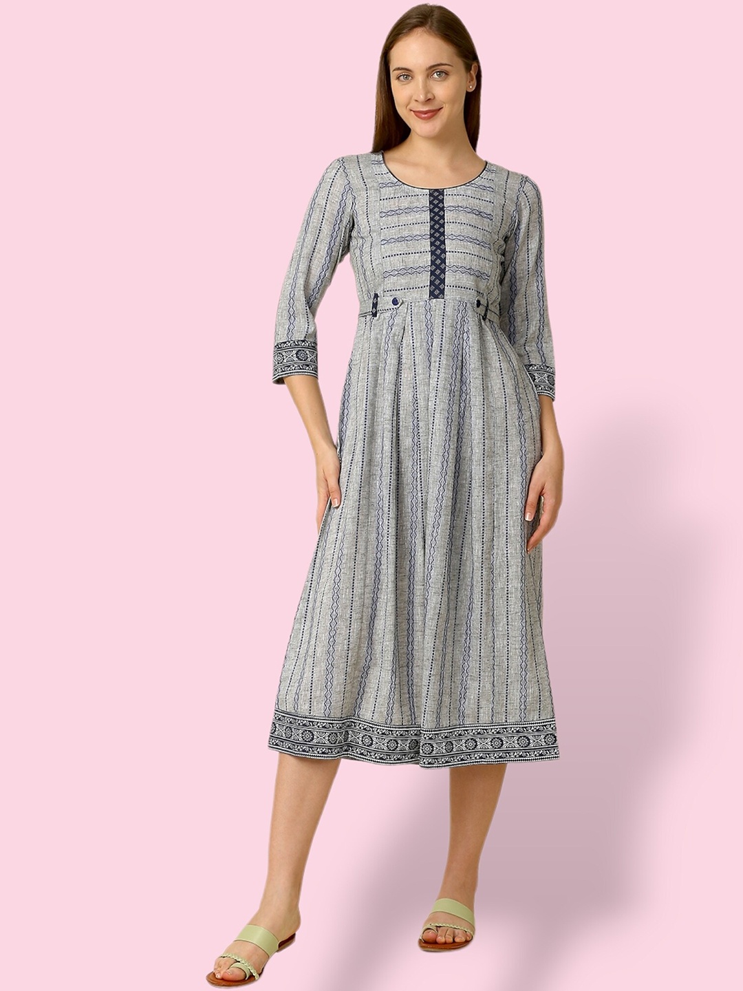 

True Shape Striped Fit and Flare Pleated Maternity Dresses, Grey
