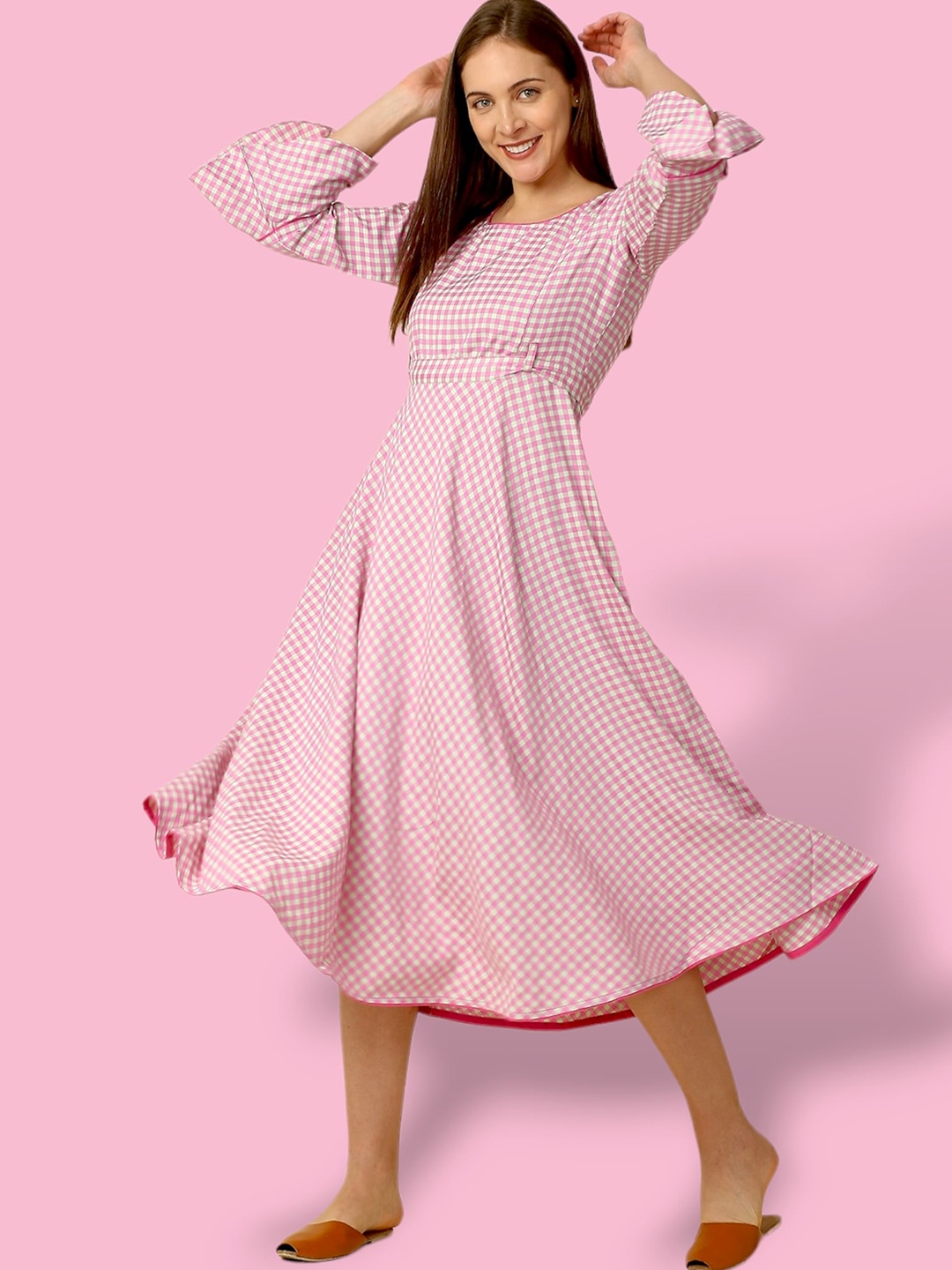 

True Shape Checked Fit and Flare Pleated Maternity Dresses, Pink