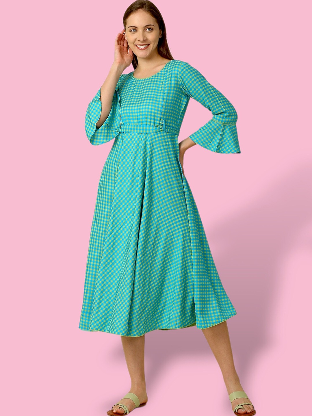 

True Shape Checked Bell Sleeves Belted Maternity Fit & Flare Dress, Sea green