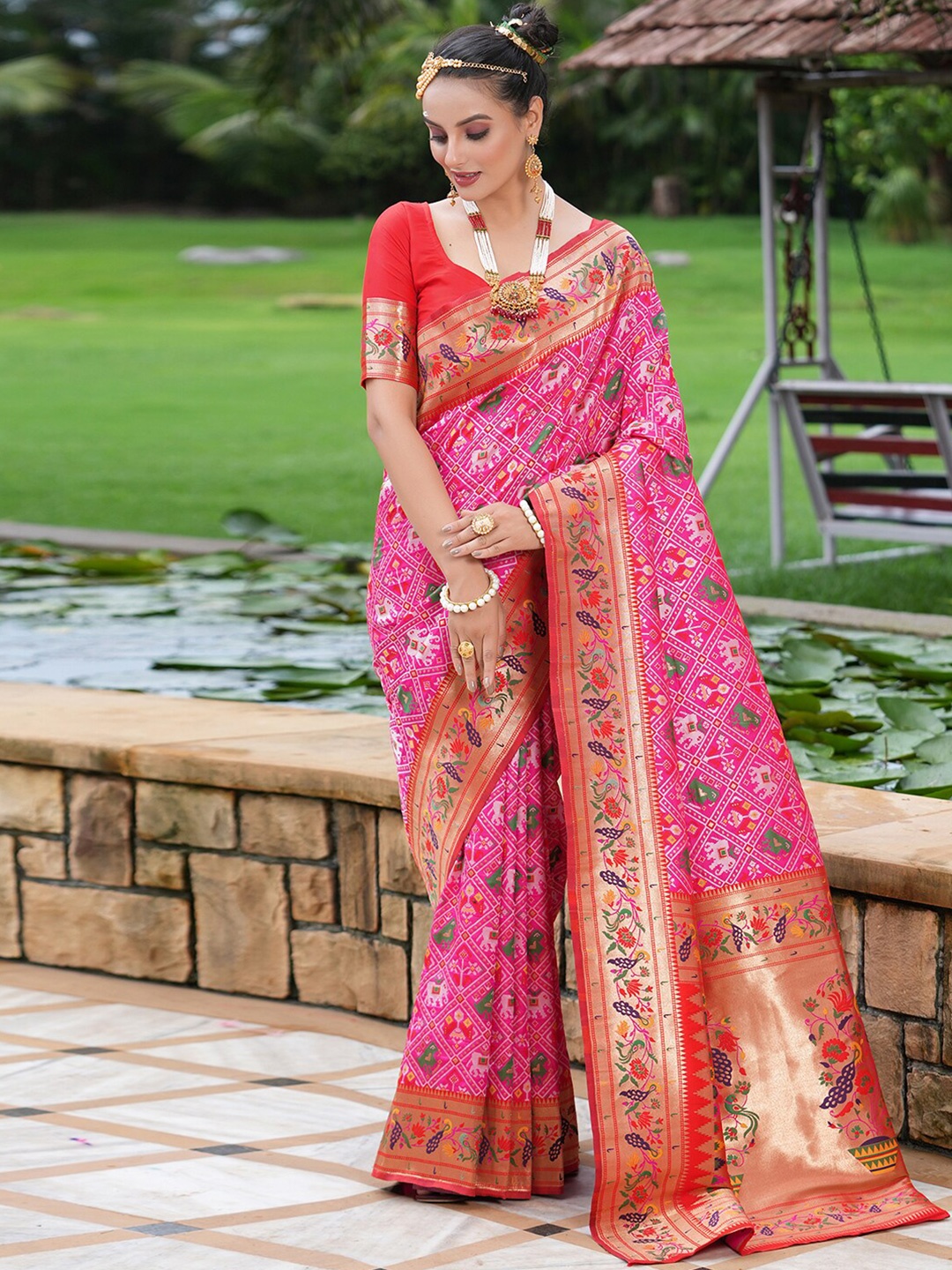 

Satrani Ethnic Motifs Zari Patola Saree, Pink