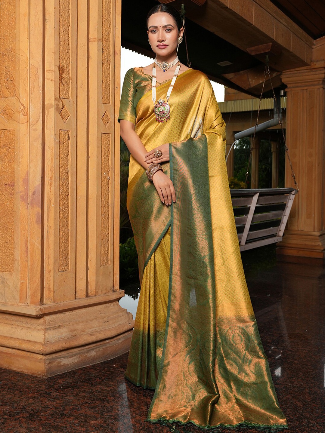 

Satrani Woven Design Zari Saree, Lime green