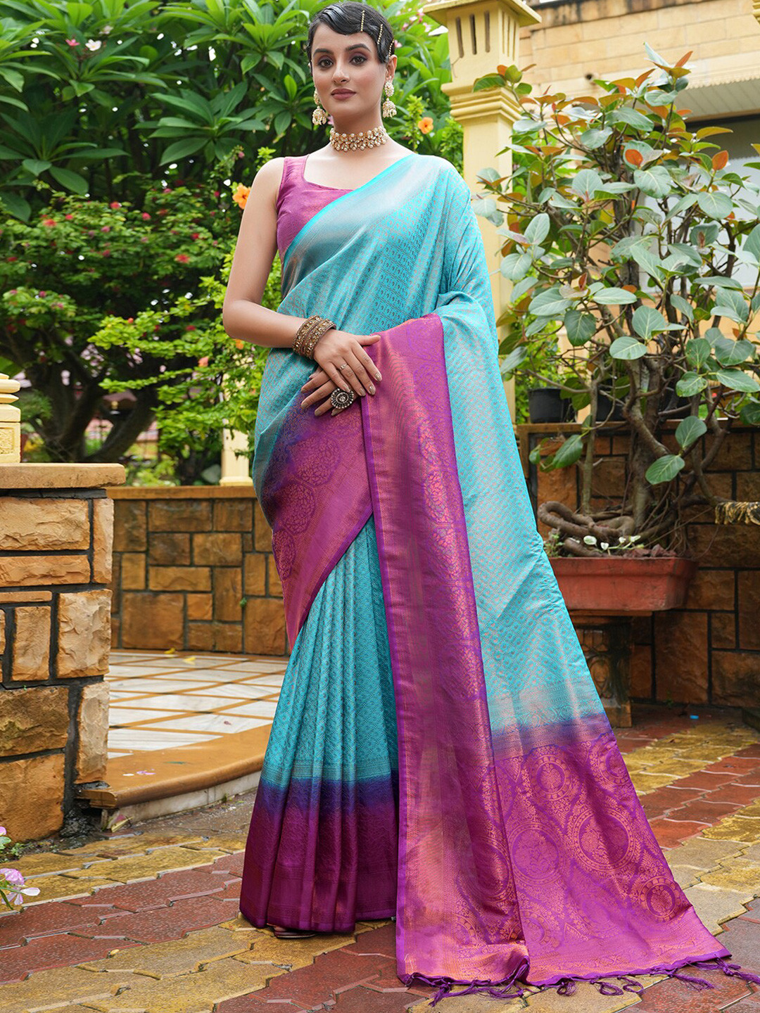 

Satrani Turquoise Blue & Paisley Purple Woven Design Zari Saree