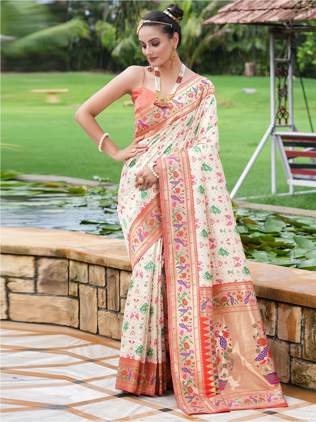

Satrani Ethnic Motifs Zari Patola Saree, Beige