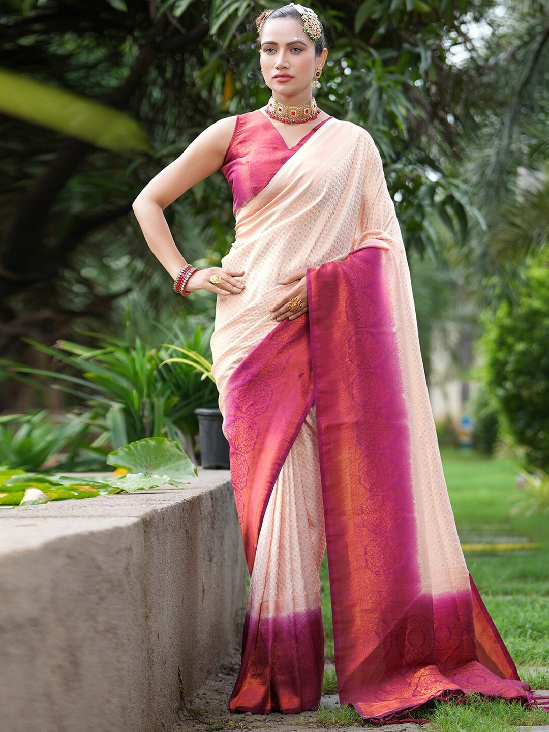 

Satrani Ethnic Motifs Woven Design Zari Art Silk Saree, Beige