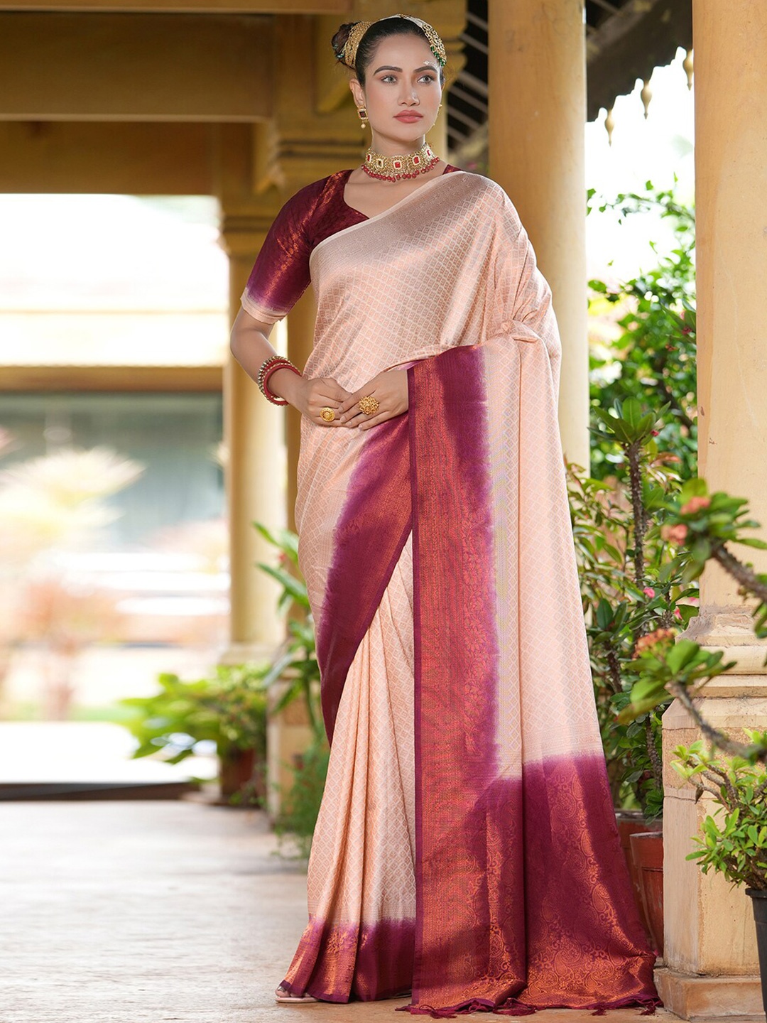 

Satrani Ethnic Motifs Woven Design Zari Art Silk Saree, Beige
