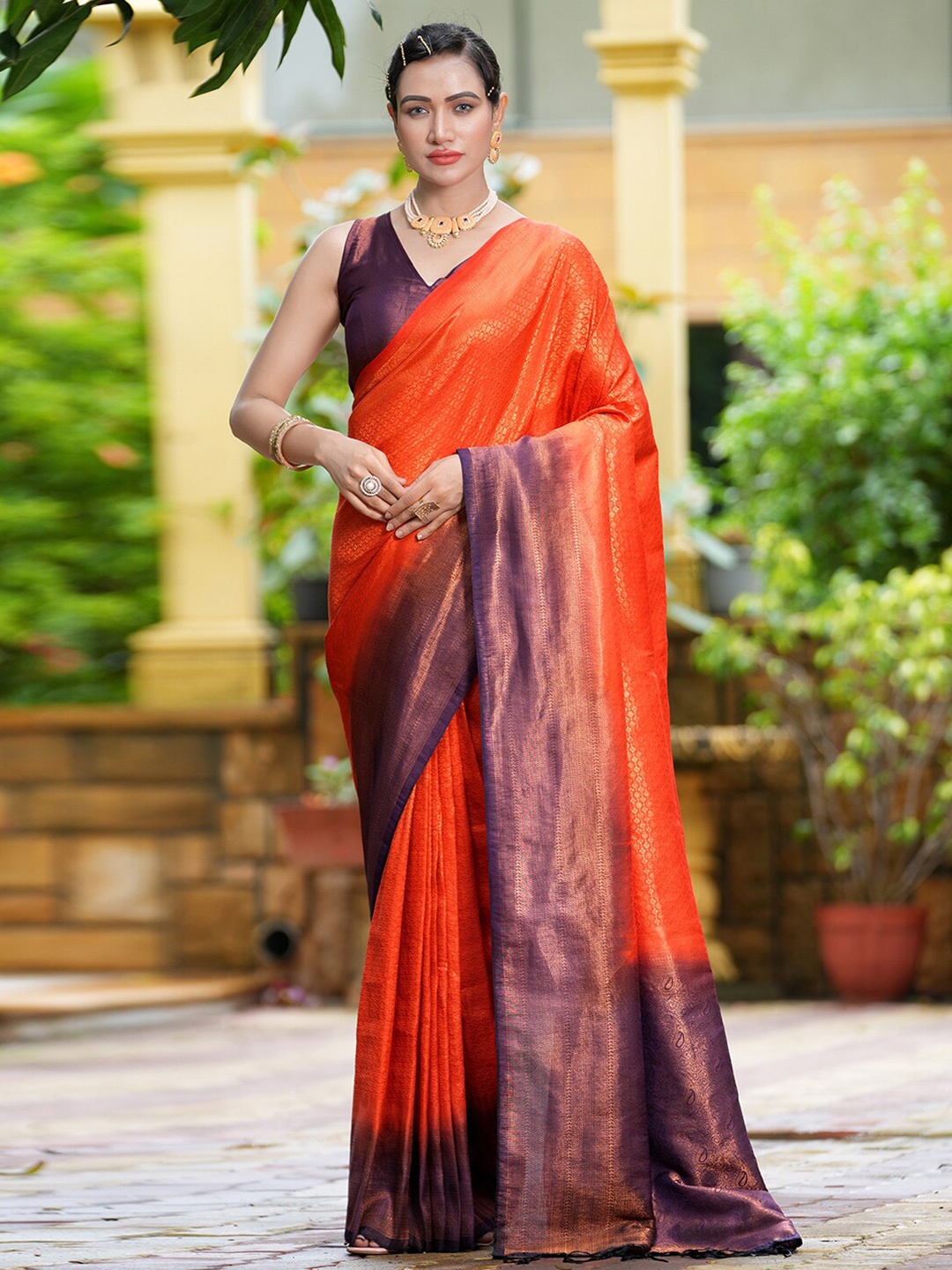 

Satrani Ethnic Motifs Woven Design Zari Art Silk Saree, Orange