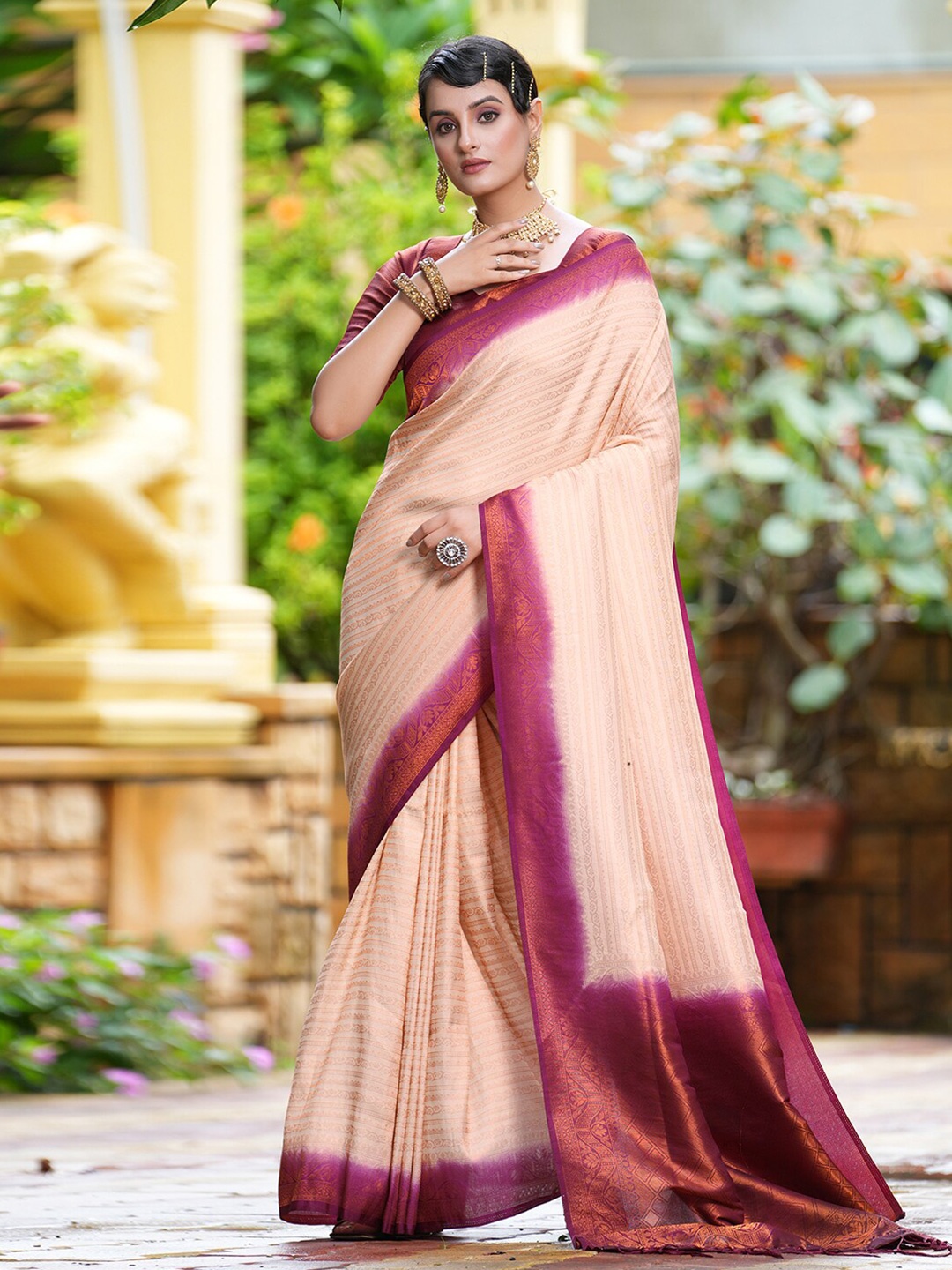 

Satrani Beige & Purple Ethnic Woven Design Zari Saree