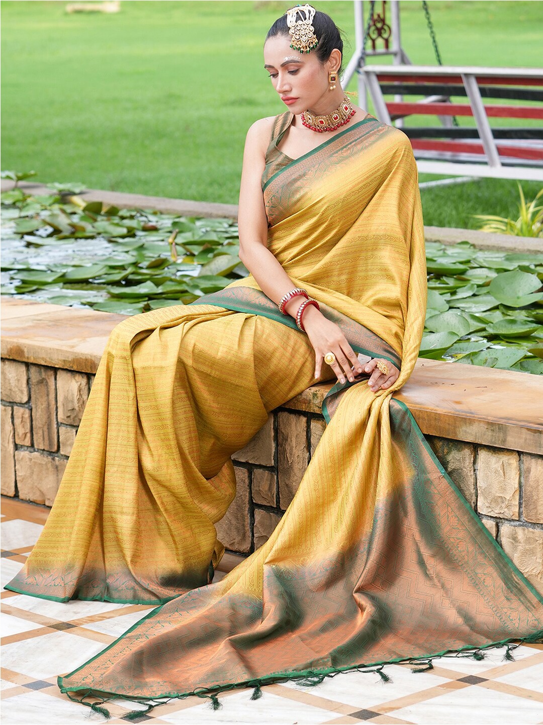 

Satrani Woven Design Zari Saree, Olive