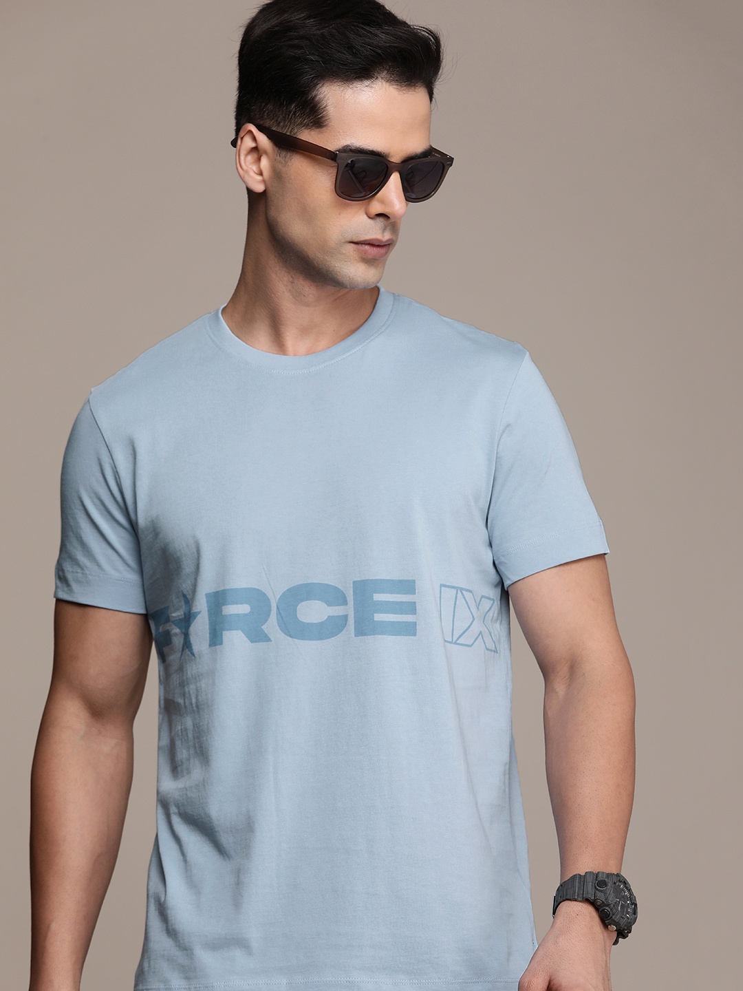

FORCE IX Brand Logo Printed Pure Cotton T-shirt, Blue