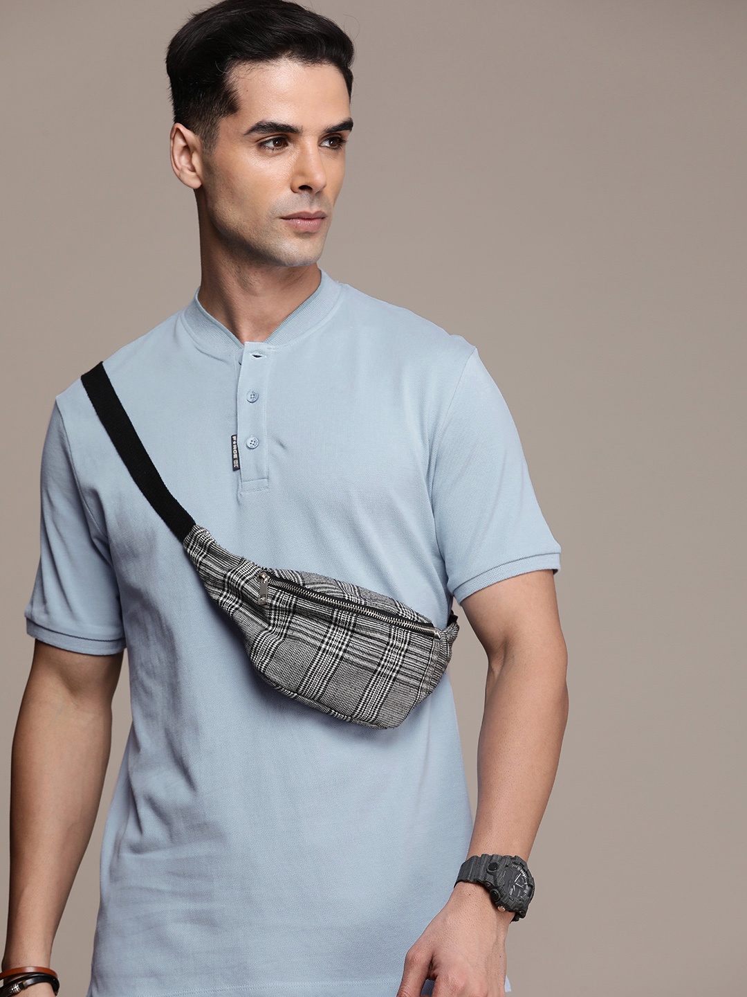 FORCE IX Solid Henley Neck Pure Cotton T-shirt, Blue