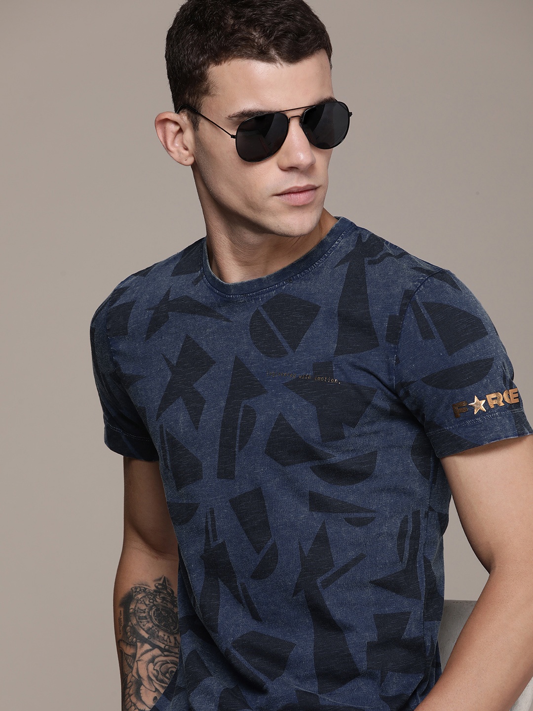 

FORCE IX Printed Pure Cotton T-shirt, Navy blue