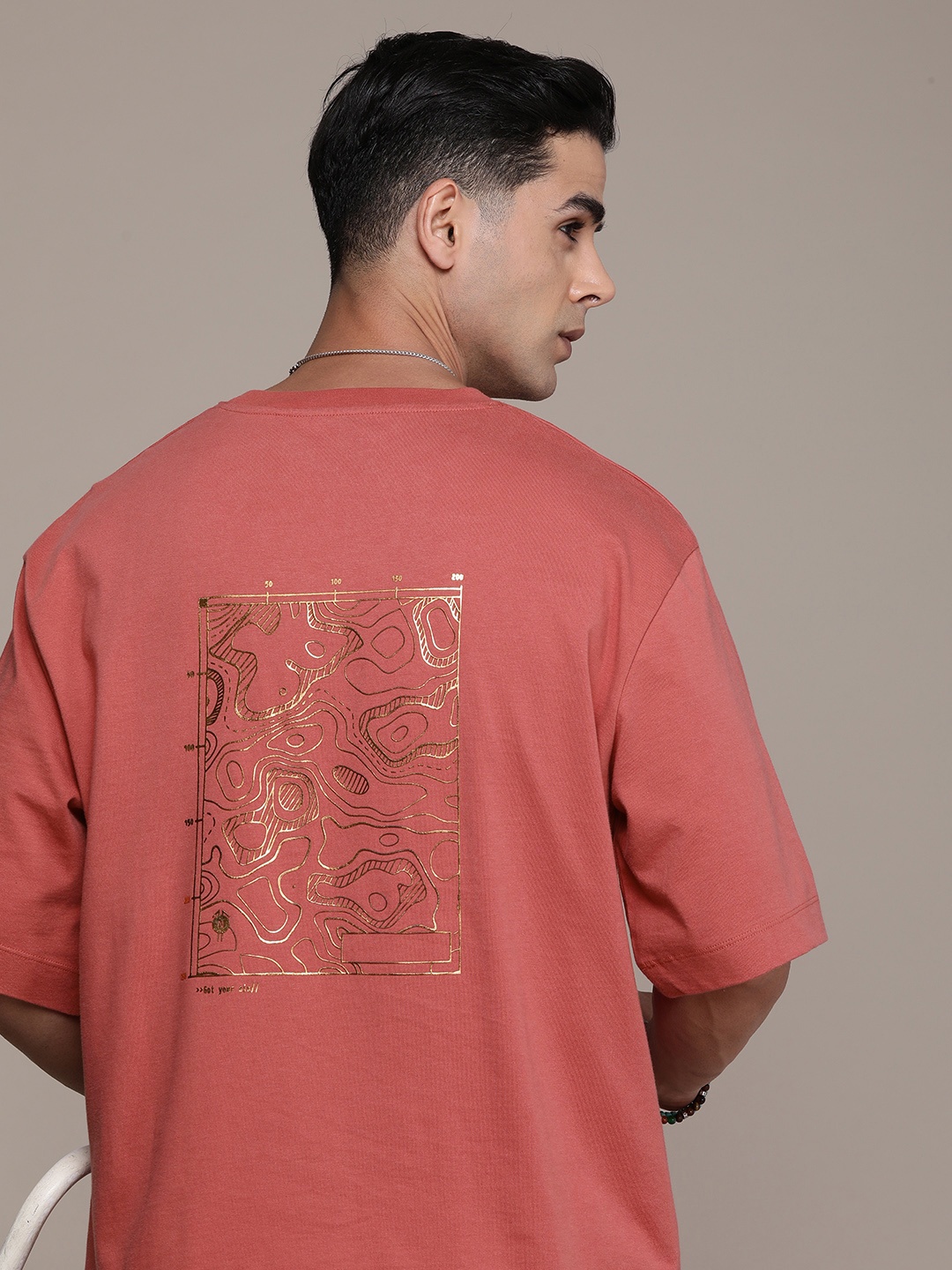 

FORCE IX Pure Cotton Abstract Printed Drop-Shoulder Sleeves Oversized T-shirt, Coral