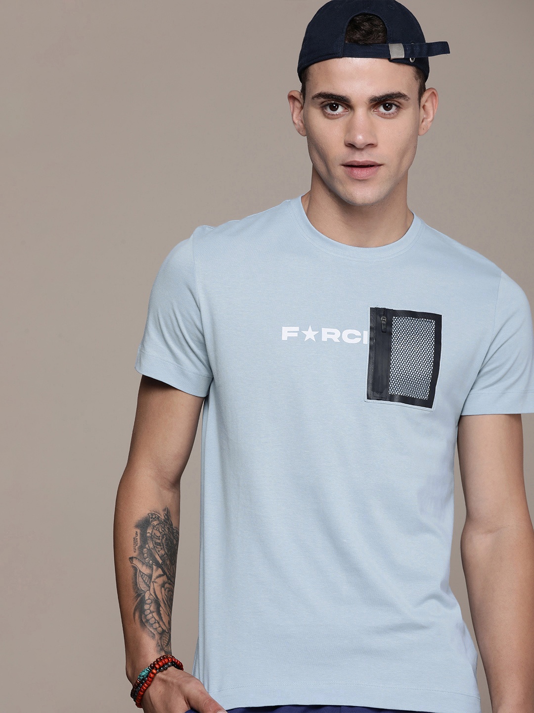 FORCE IX Brand Logo Printed Pure Cotton Pockets T-shirt, Blue