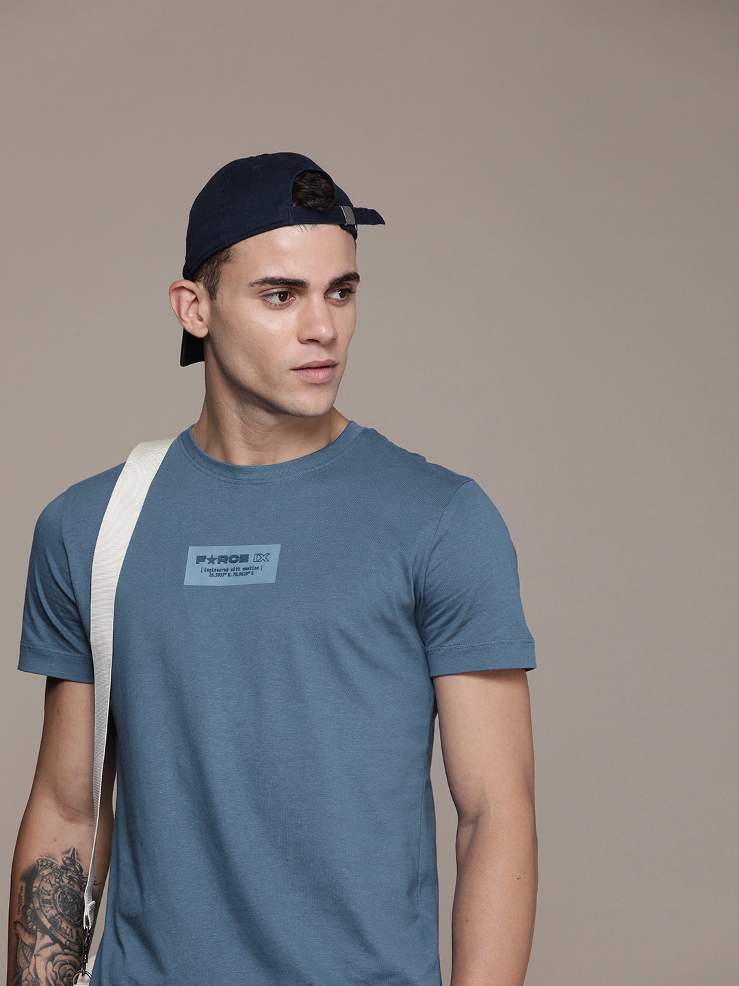 

FORCE IX Pure Cotton Brand Logo Printed Casual T-shirt, Blue
