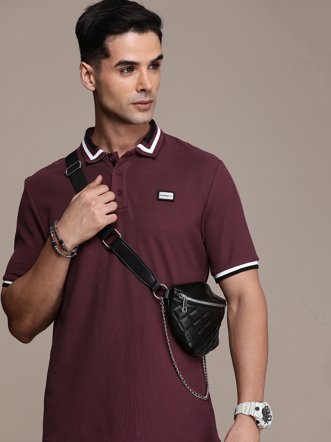 

FORCE IX Polo Collar Pure Cotton T-shirt, Burgundy