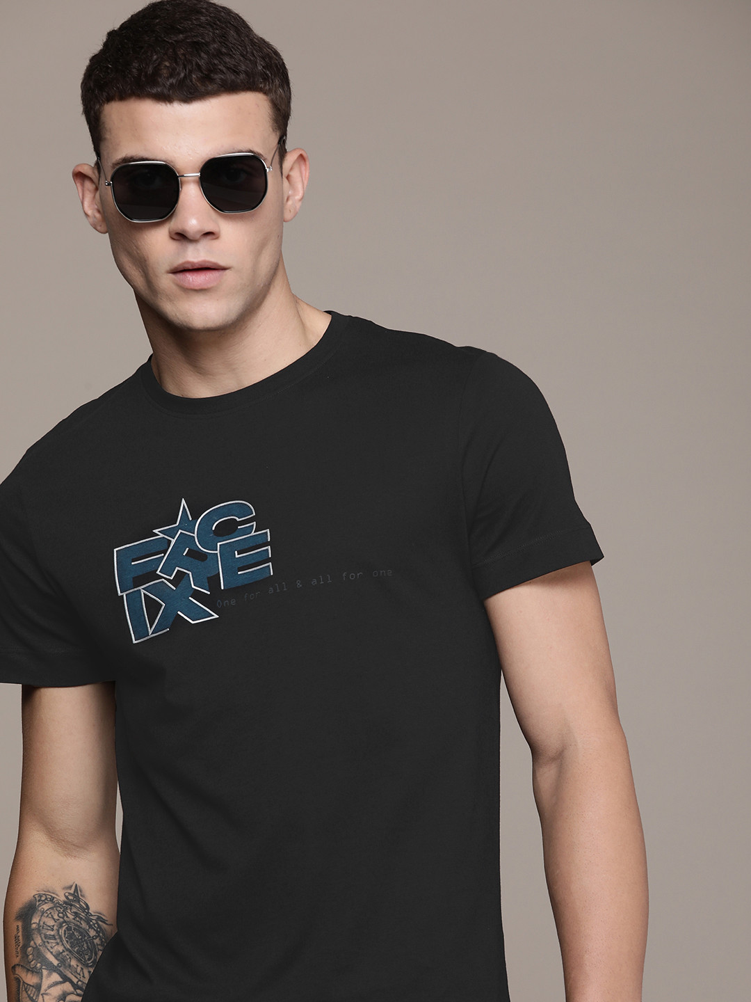 

FORCE IX Pure Cotton Brand Logo Printed Casual T-shirt, Black