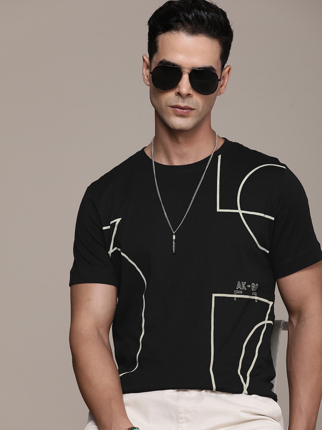 FORCE IX Pure Cotton Geometric Printed Casual T-shirt, Black
