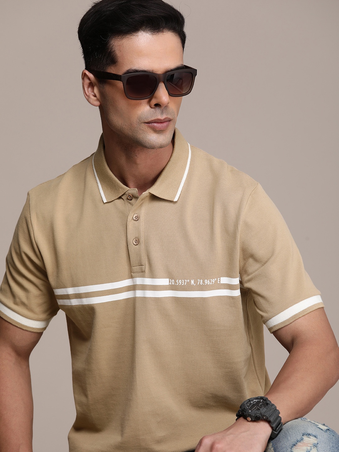 

FORCE IX Striped Polo Collar Pure Cotton T-shirt, Beige