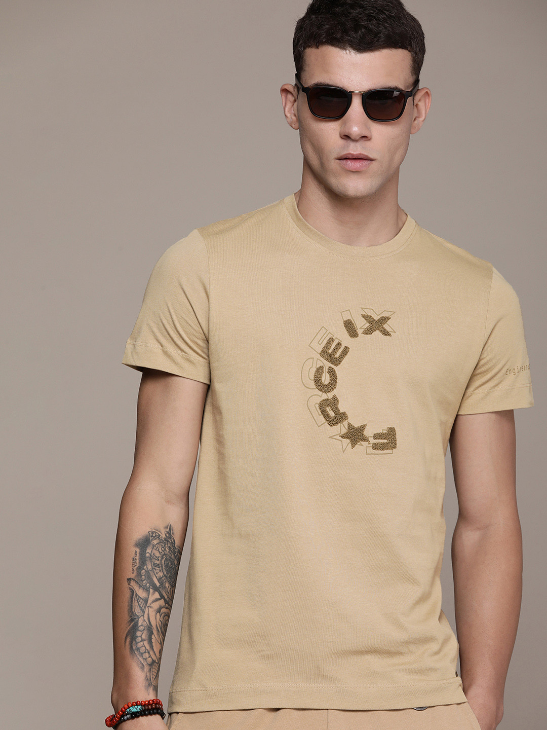 

FORCE IX Self Design Brand Logo Pure Cotton T-shirt, Beige