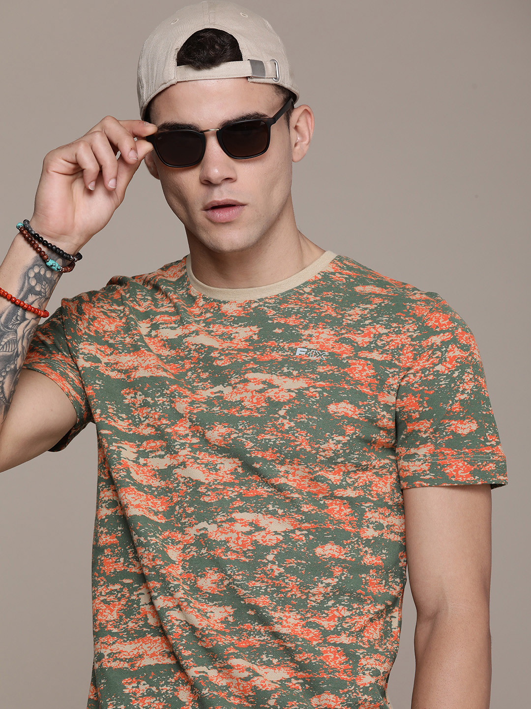 

FORCE IX Pure Cotton Abstract Printed Casual T-shirt, Beige