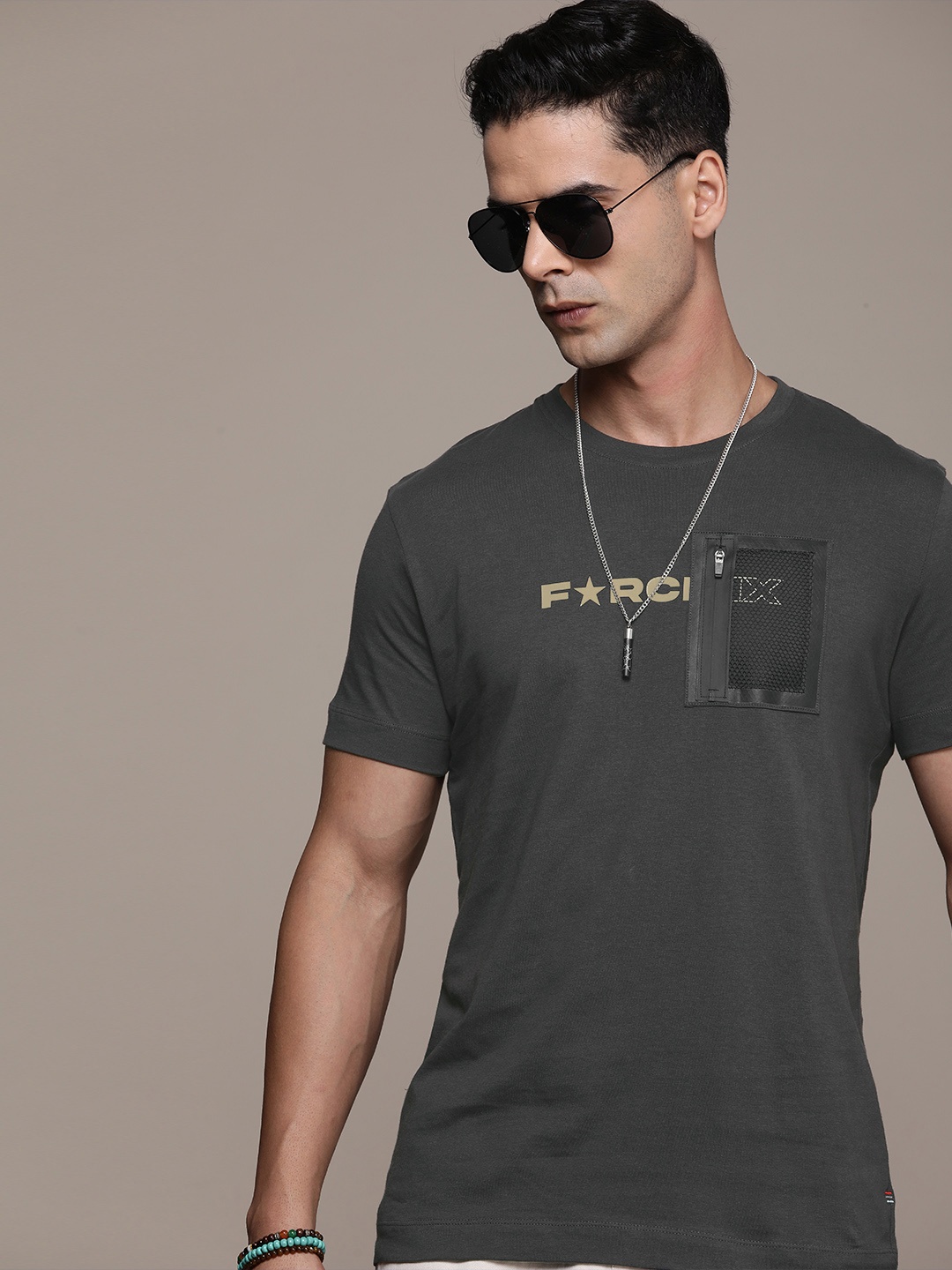 

FORCE IX Pure Cotton Brand Logo Printed Casual T-shirt, Grey