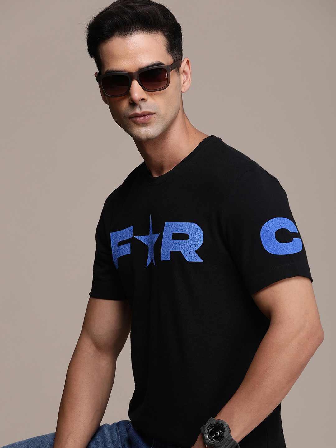 FORCE IX Brand Logo Printed Pure Cotton T-shirt, Black