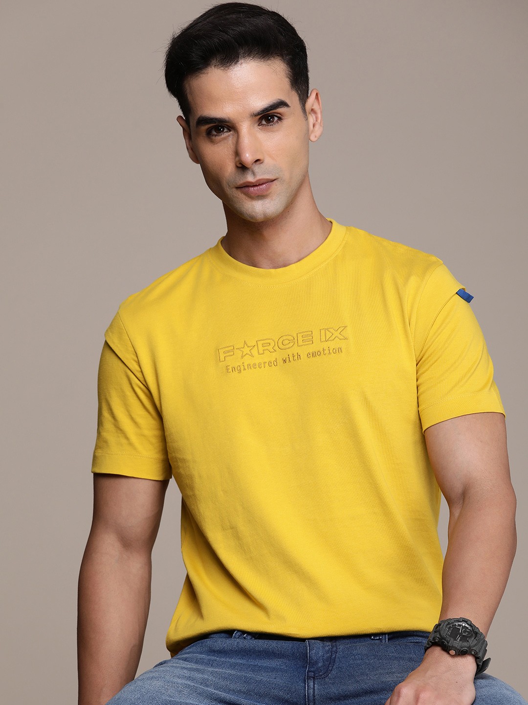 

FORCE IX Brand Logo Embroidered Pure Cotton T-shirt, Yellow