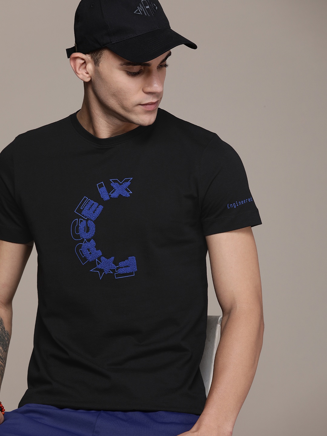 FORCE IX Self Design Brand Logo Pure Cotton T-shirt, Black