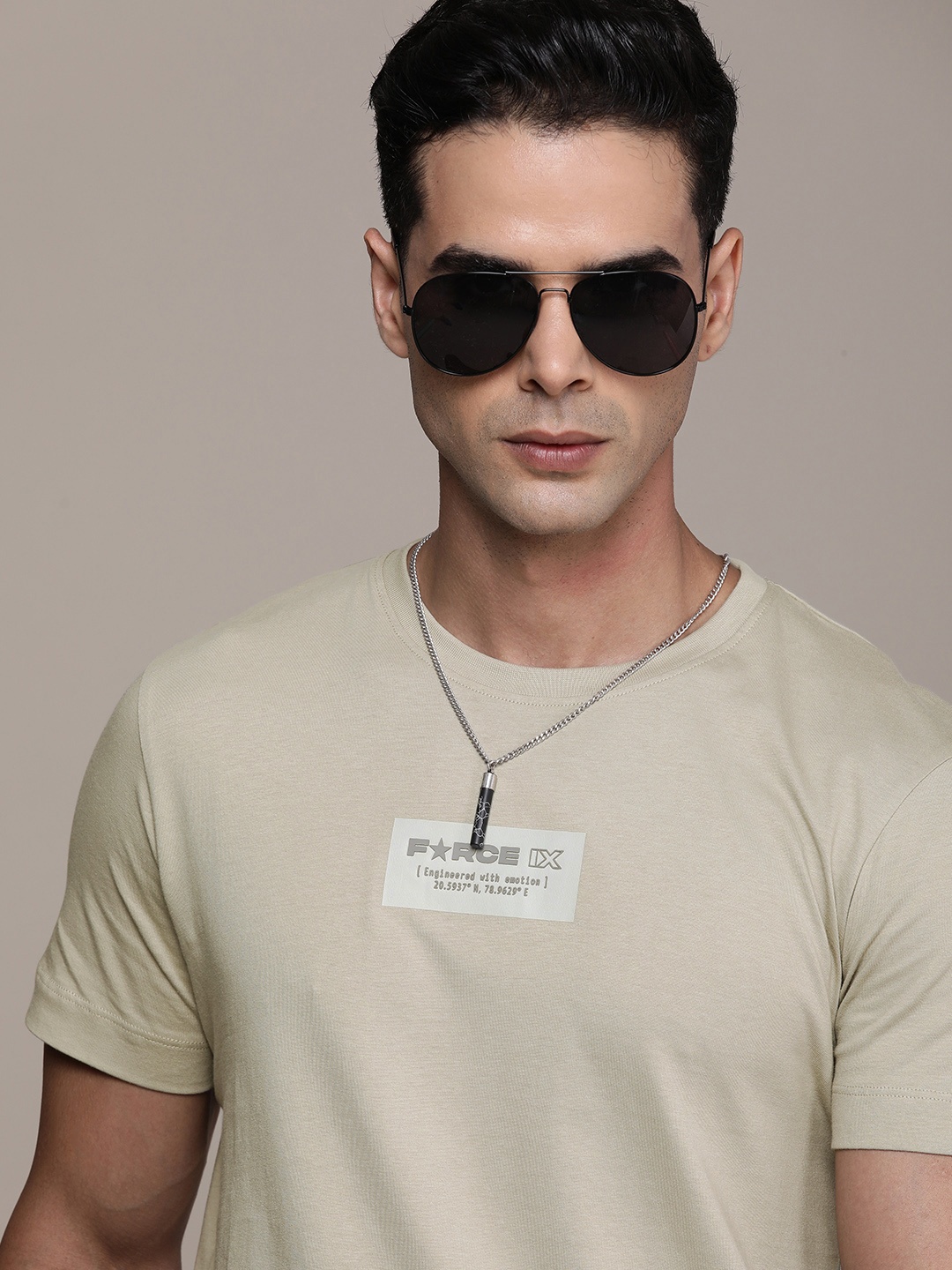 

FORCE IX Brand Logo Printed Pure Cotton T-shirt, Beige