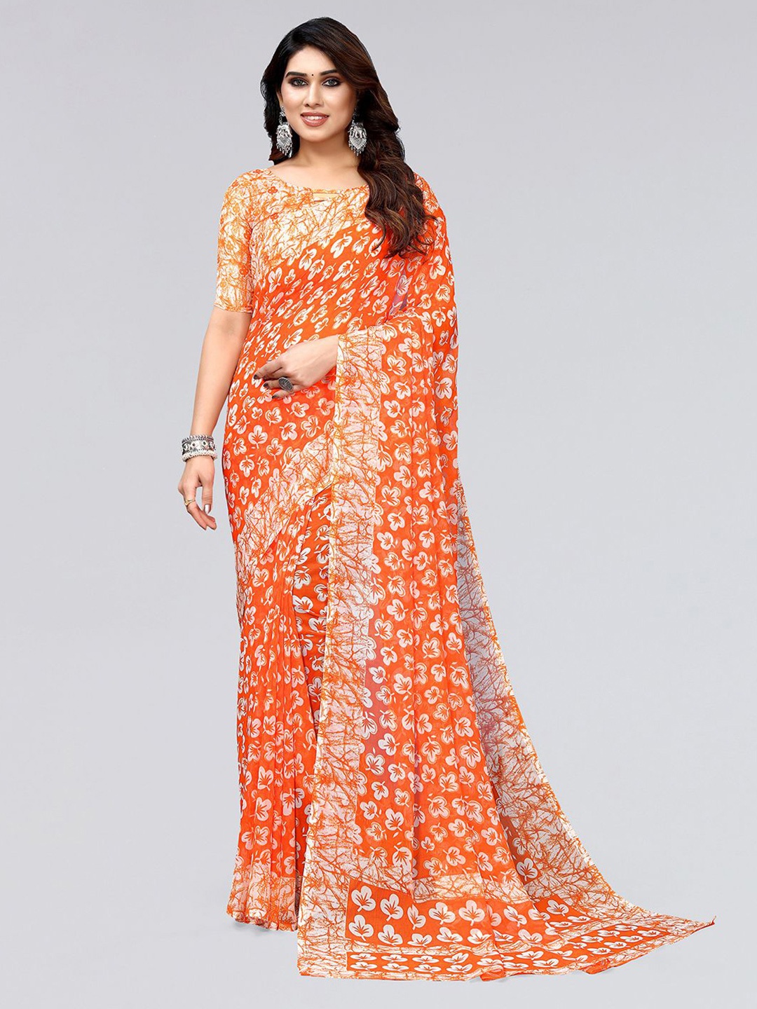 

KALINI Floral Printed Saree, Orange