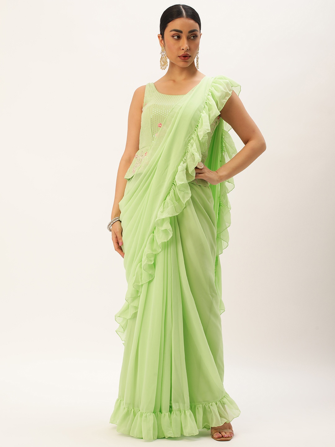 

Ethnovog Sequinned Saree With Stitched Blouse, Green