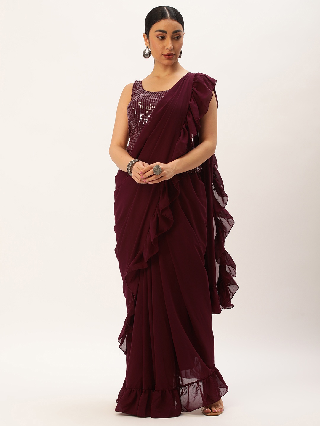 

Ethnovog Sequinned Saree With Stitched Blouse, Purple