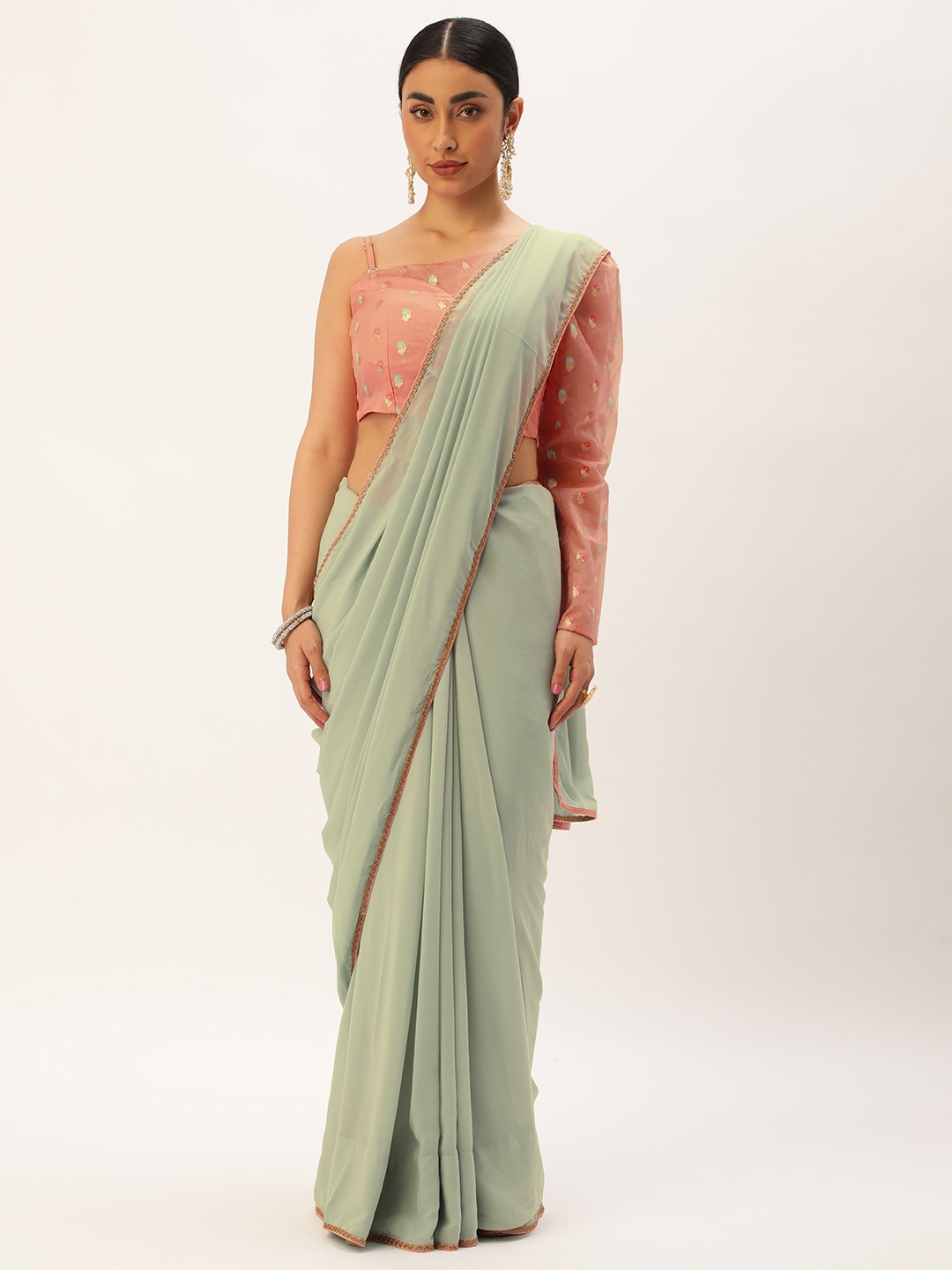 

Ethnovog Zari Poly Georgette Saree With Stitched Blouse, Green