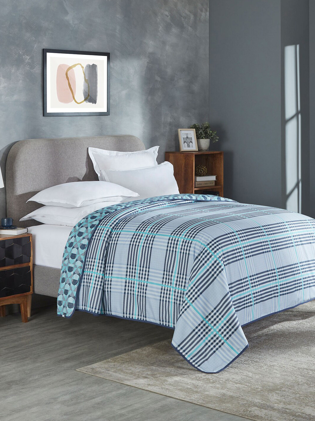 

MYTRIDENT Blue Checked Reversible 90GSM AC Room Double Bed Dohar