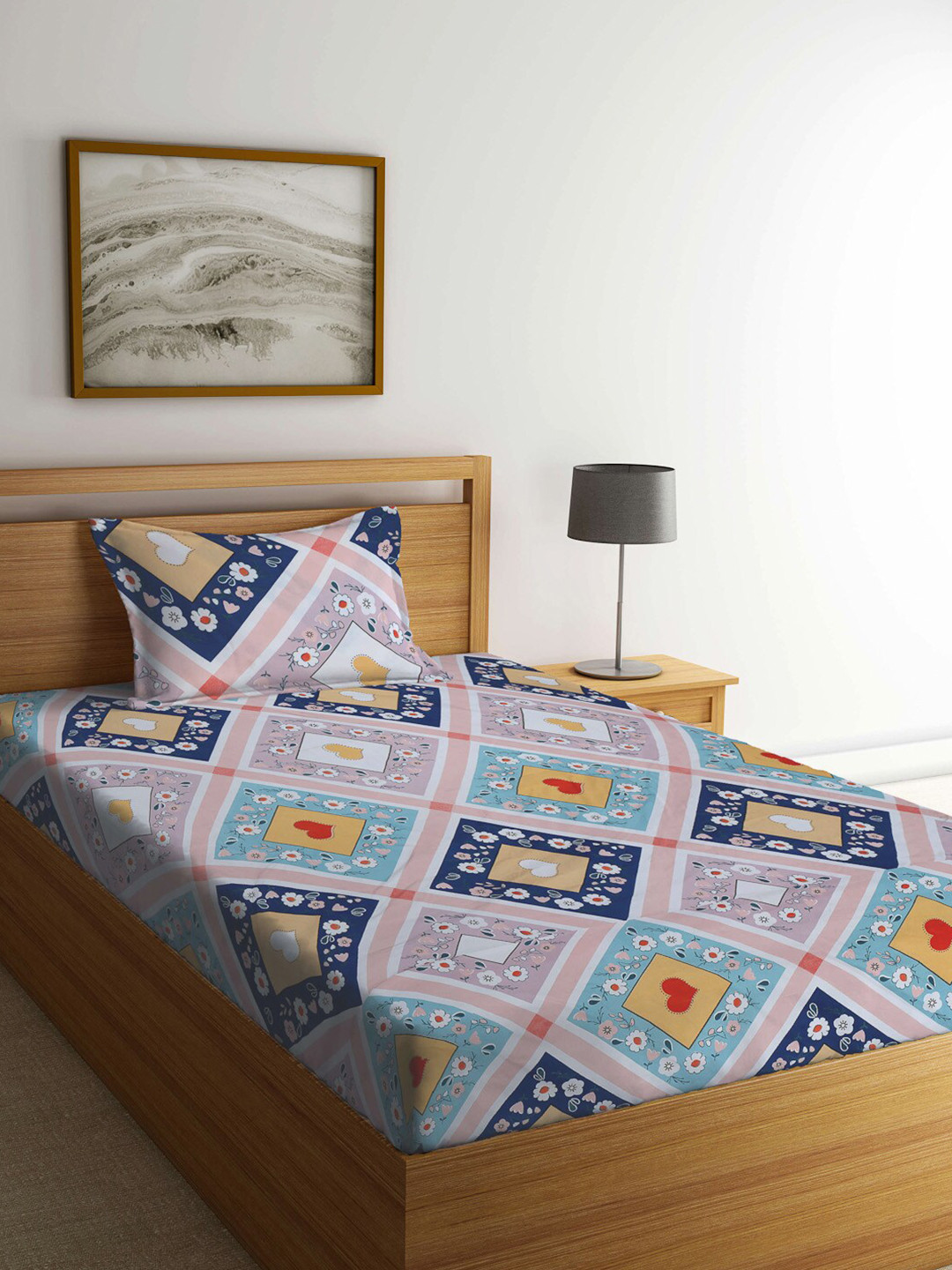 

KLOTTHE Blue & Pink Geometric Printed Cotton Blend 300 TC Single Bedsheet & 1 Pillow Cover