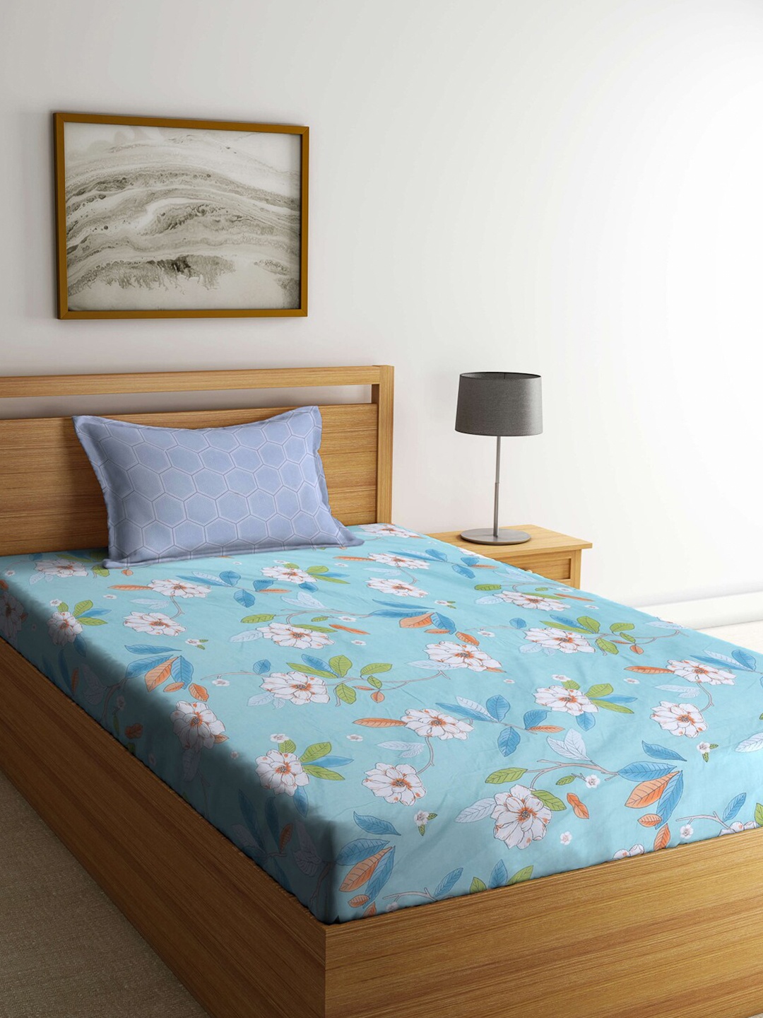 

KLOTTHE Blue & White Floral Printed Cotton Blend 300 TC Single Bedsheet & 1 Pillow Cover