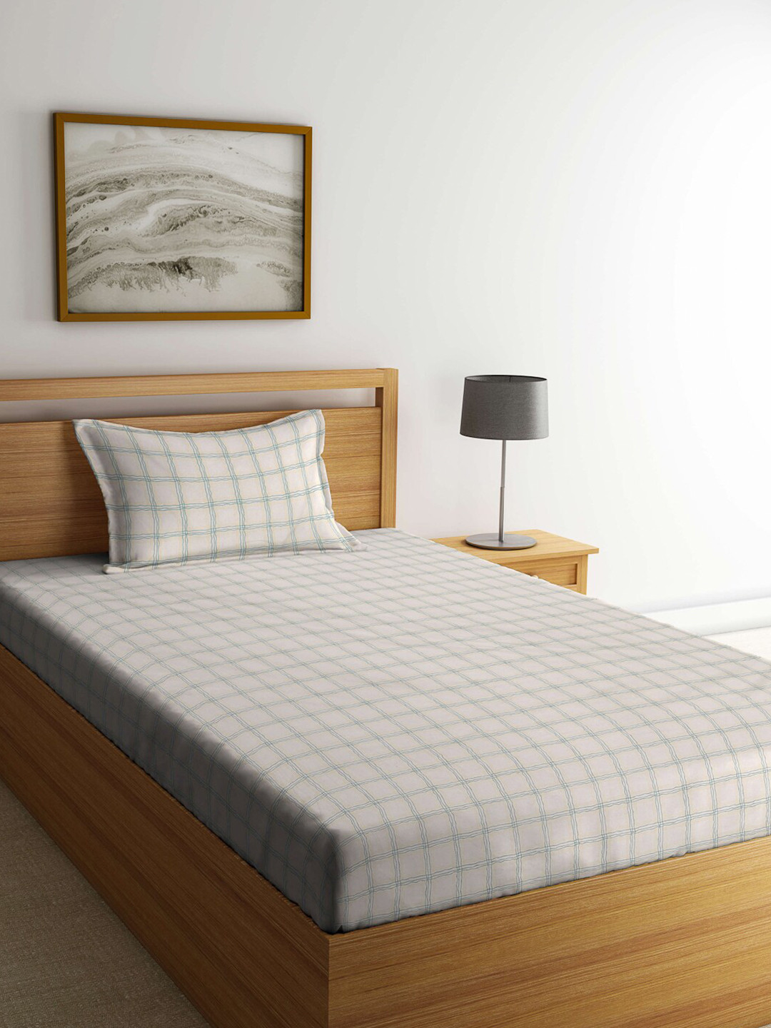 

KLOTTHE Bege-Colored & Blue Checked 300 TC Single Bedsheet With 1 Pillow Cover, Beige
