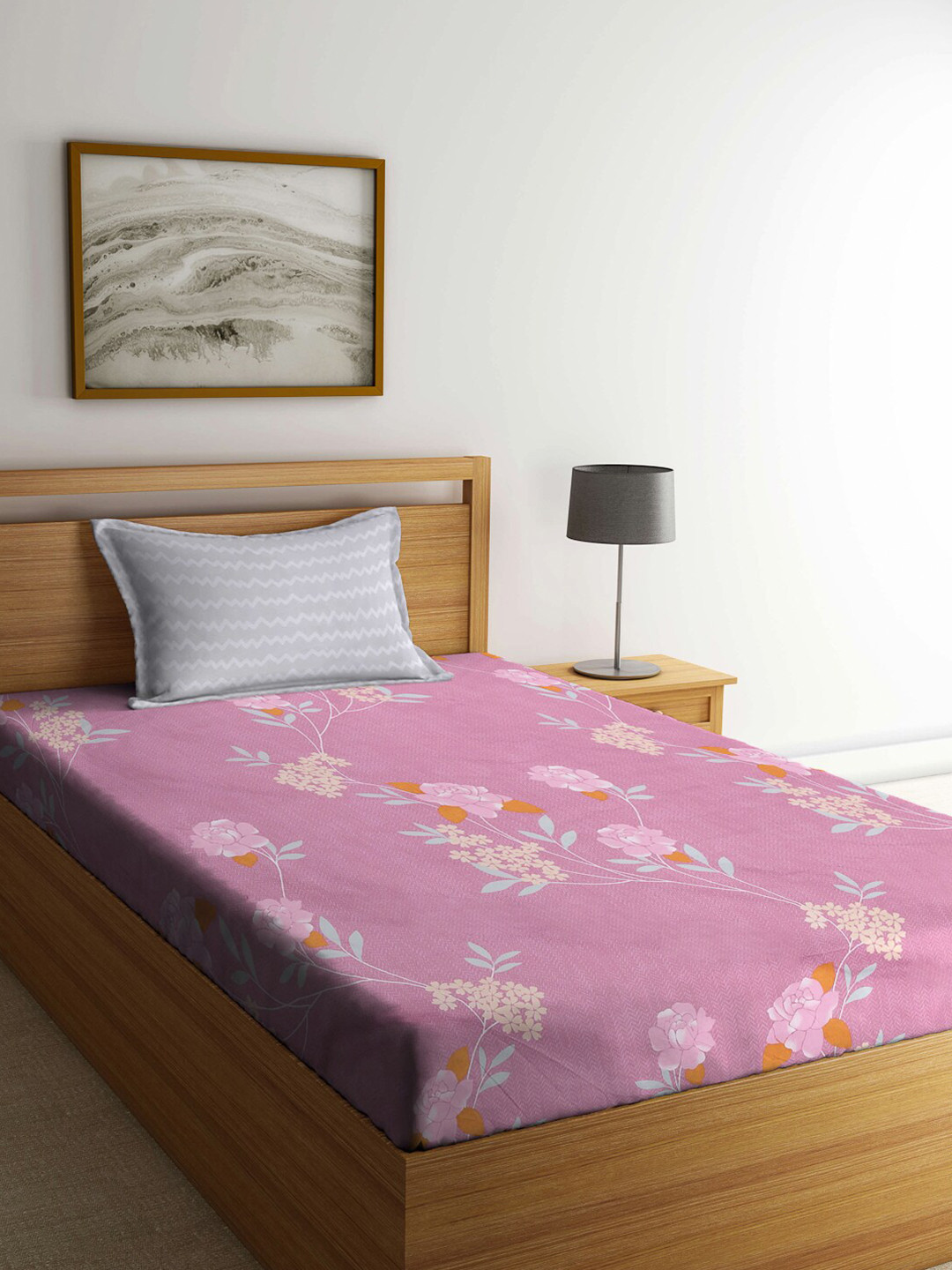 

KLOTTHE Pink Floral Printed 300 TC Single Bedsheet With Pillow Cover