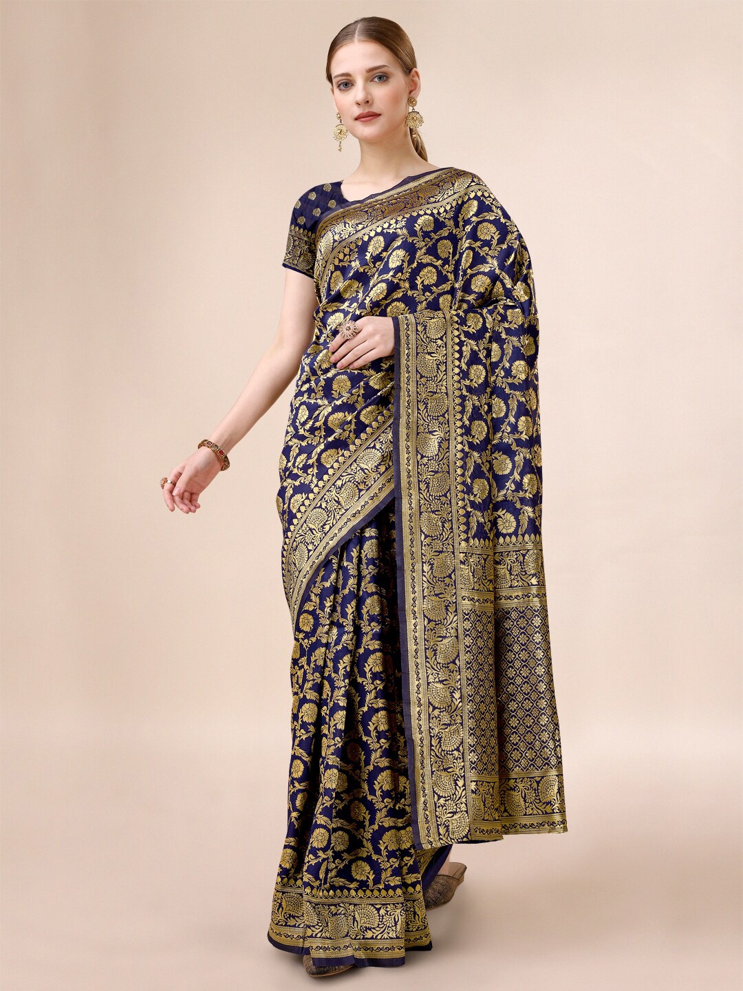 

Dhyey Fashion Ethnic Motifs Woven Design Zari Banarasi Saree, Navy blue