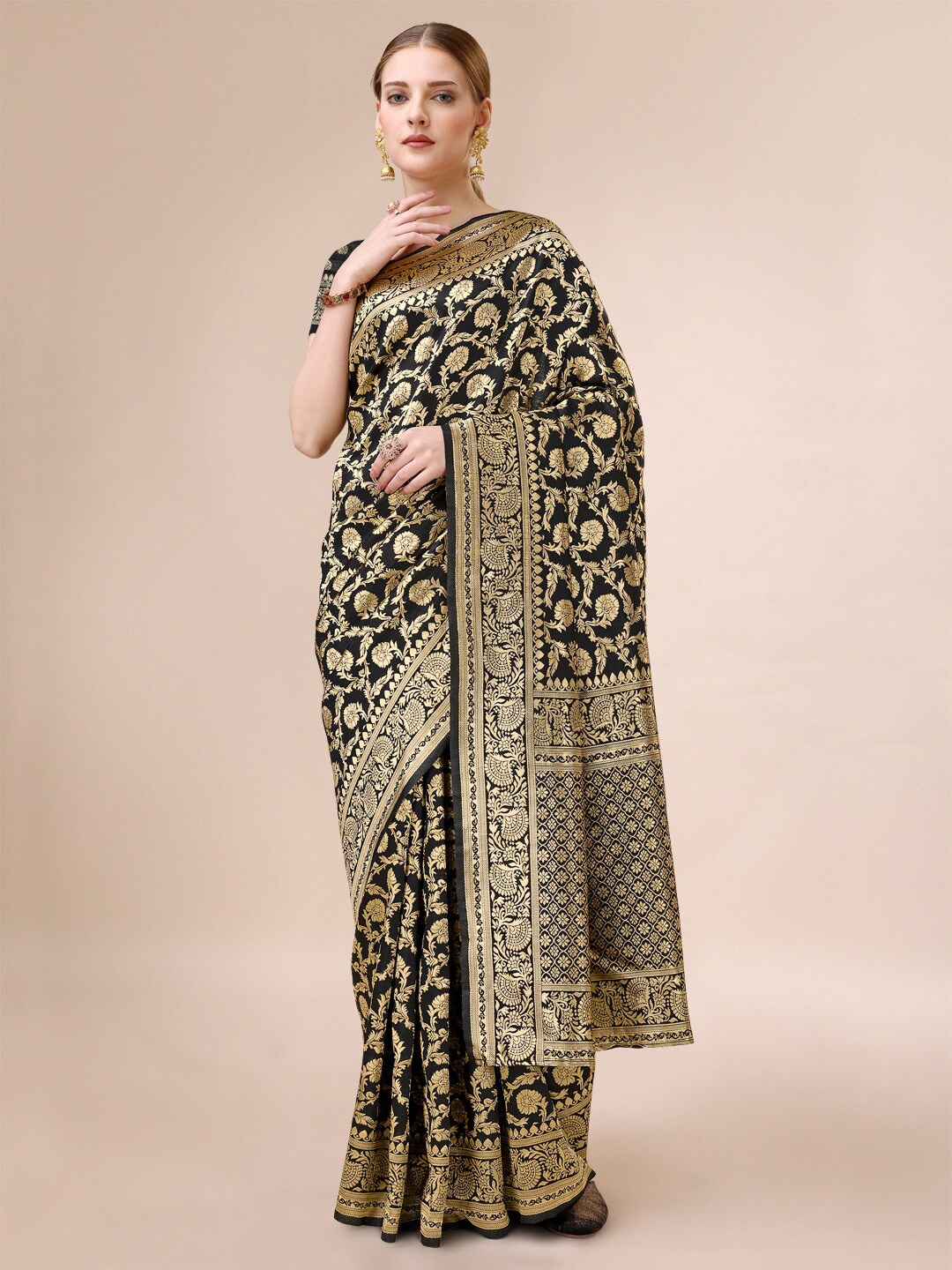 Dhyey Fashion Ethnic Motifs Woven Design Zari Banarasi Saree, Black