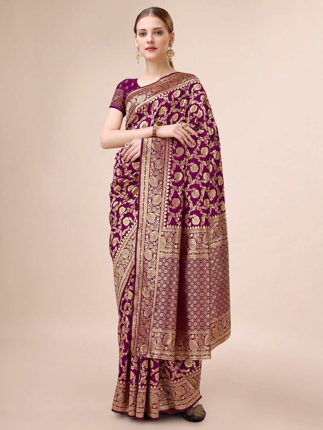 

Dhyey Fashion Ethnic Motifs Woven Design Zari Banarasi Saree, Purple