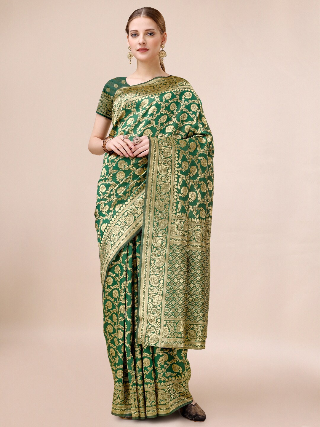 

Dhyey Fashion Ethnic Motifs Woven Design Zari Banarasi Saree, Green