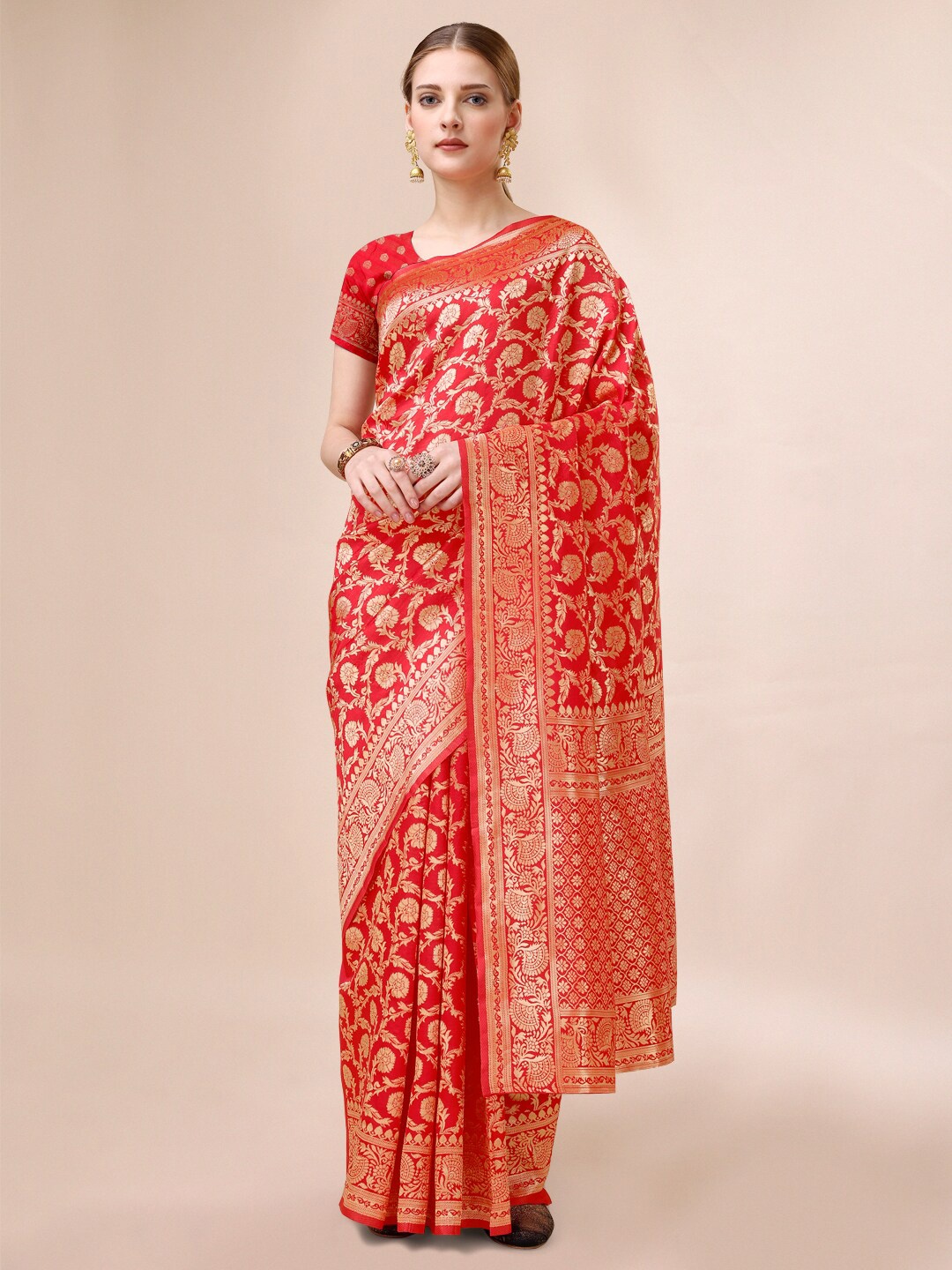 

Dhyey Fashion Ethnic Motifs Woven Design Zari Banarasi Saree, Red