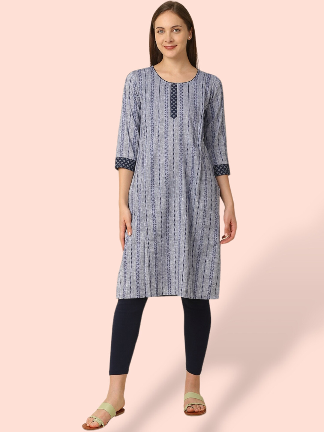 

True Shape Striped Maternity Straight Kurta, Navy blue