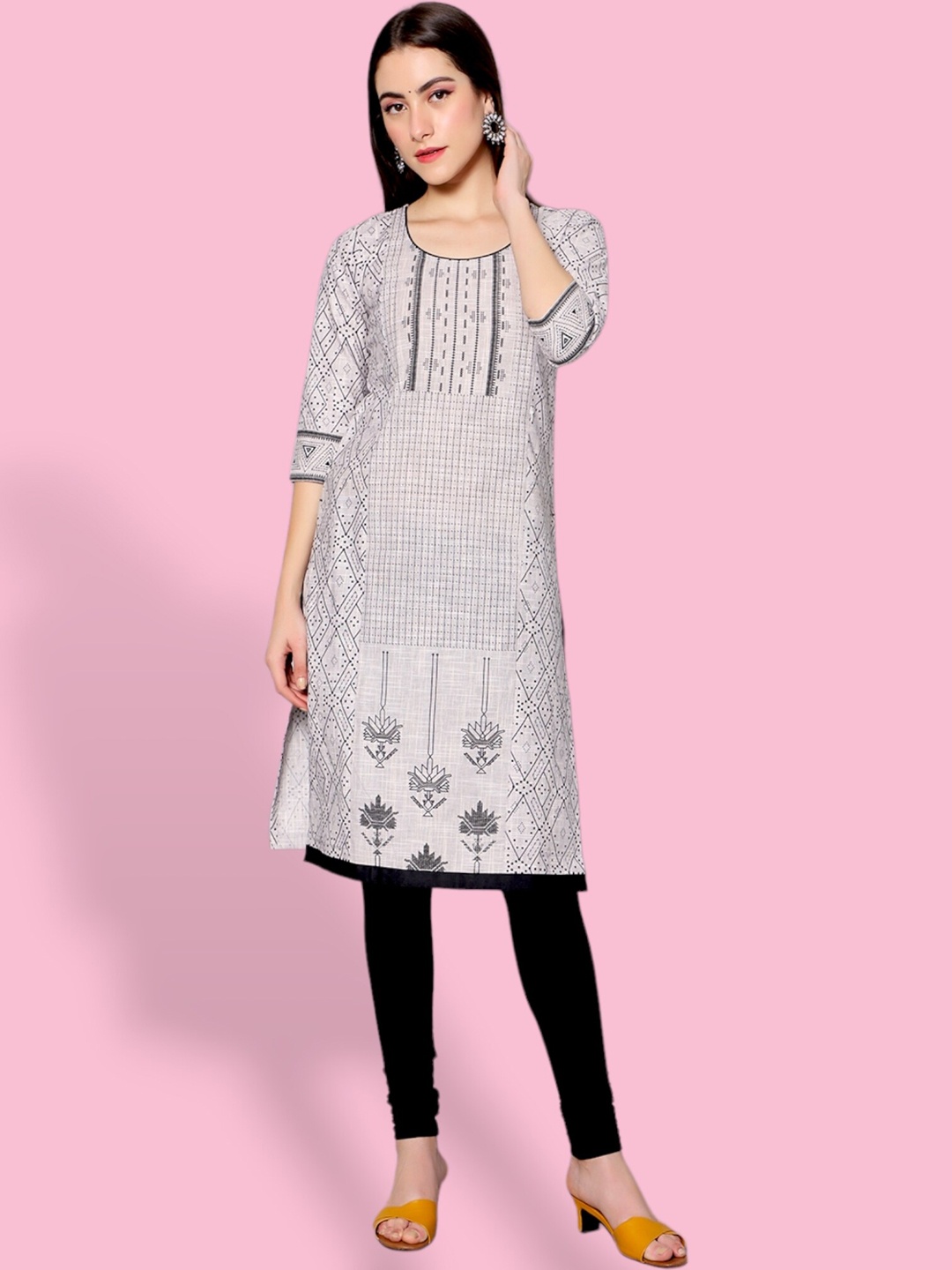 

True Shape Geometric Three-Quarter Sleeves Straight Maternity Kurta, Off white