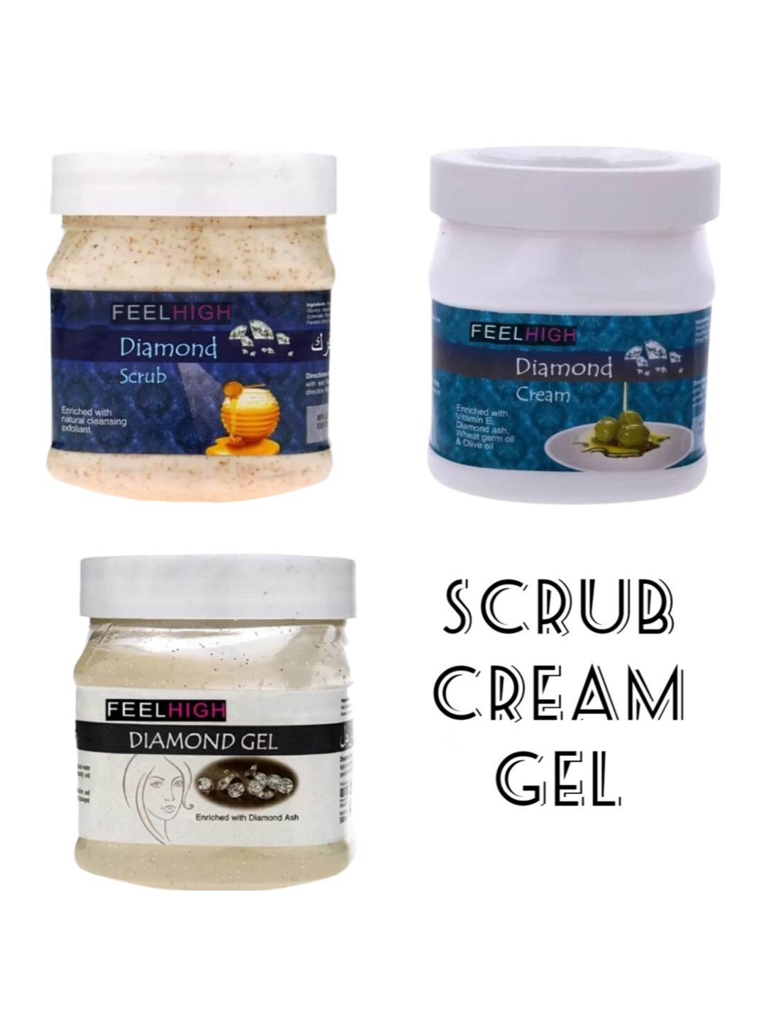 

FEELHIGH Set Of 3 Diamond Scrub With Cream & Gel 500ml+500ml +500ml, Multi